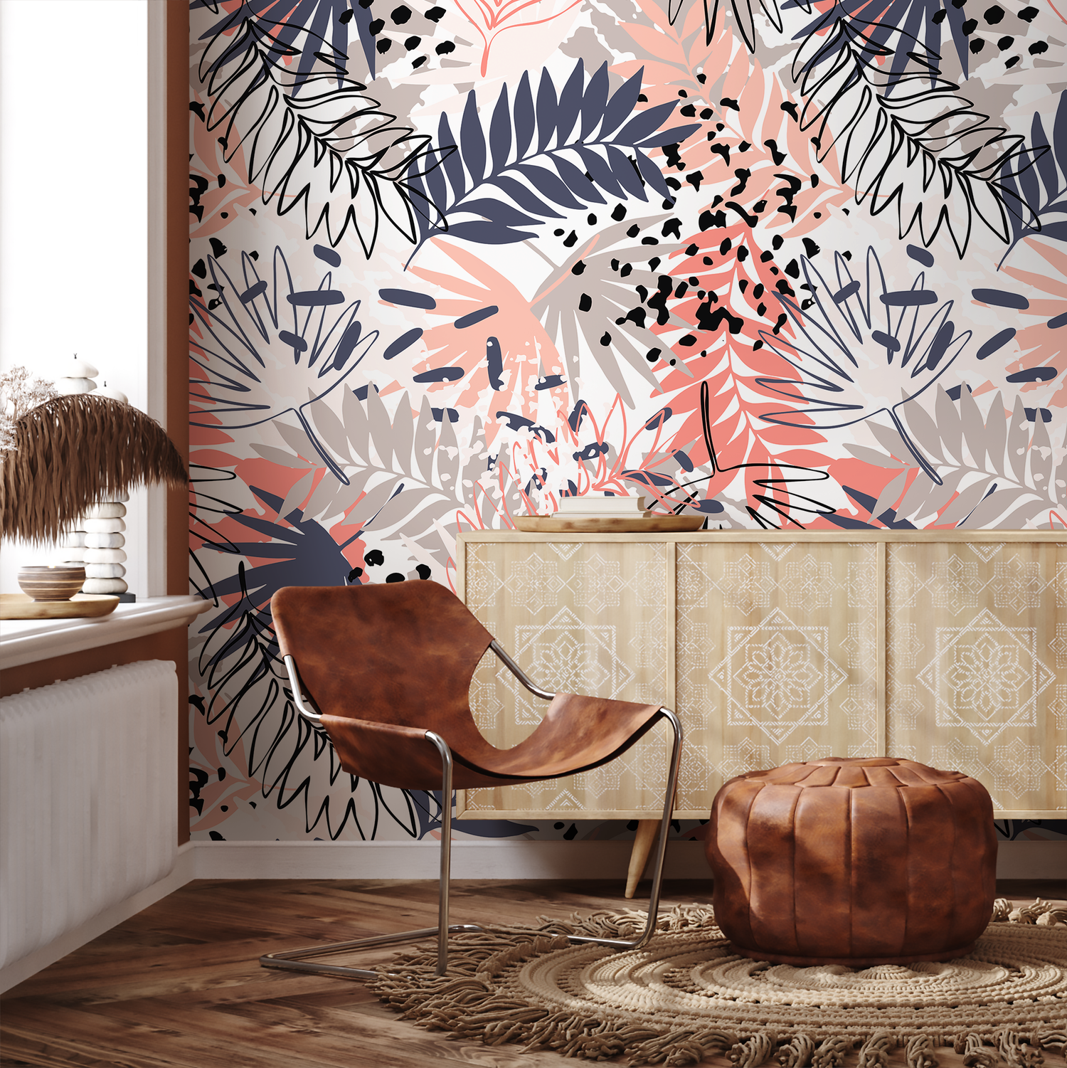 Abstract Botanical Wallpaper with Palm Leaves in Coral, Blue, and Taupe - A957