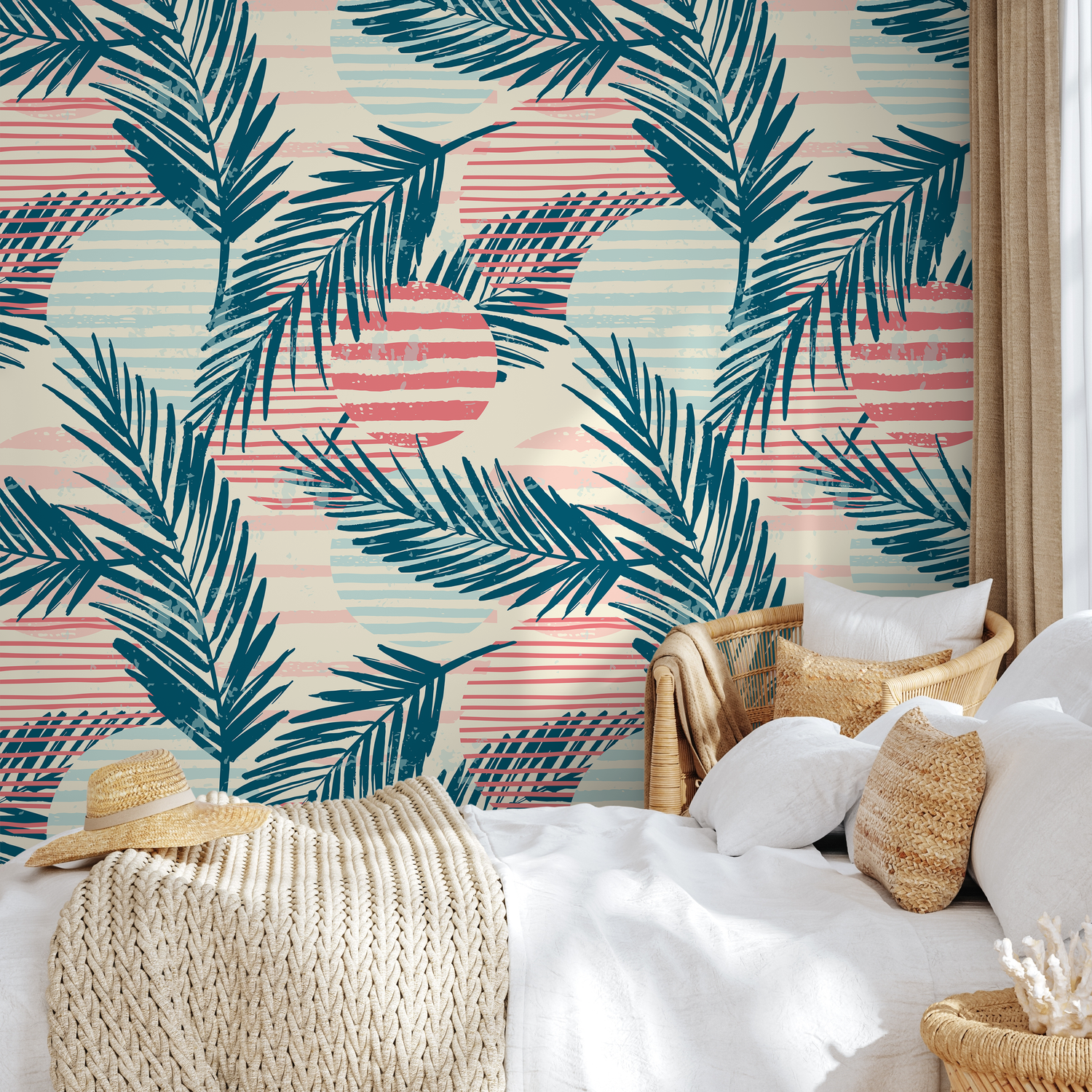 Tropical Wallpaper with Abstract Palm Leaves in Teal, Coral, and Blue - A960