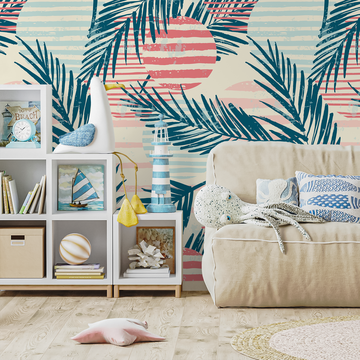 Tropical Wallpaper with Abstract Palm Leaves in Teal, Coral, and Blue - A960