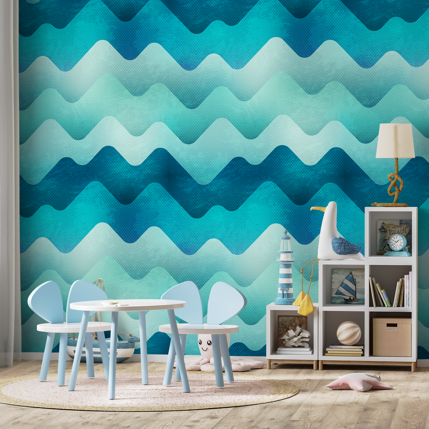 Abstract Wallpaper with a Scandinavian Wave Motif in Blue and Teal - A968