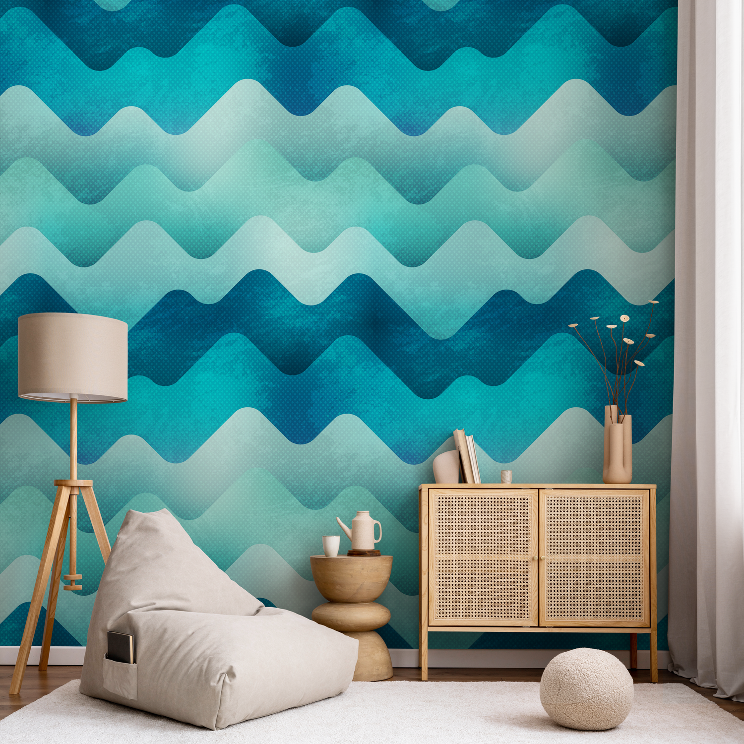 Abstract Wallpaper with a Scandinavian Wave Motif in Blue and Teal - A968