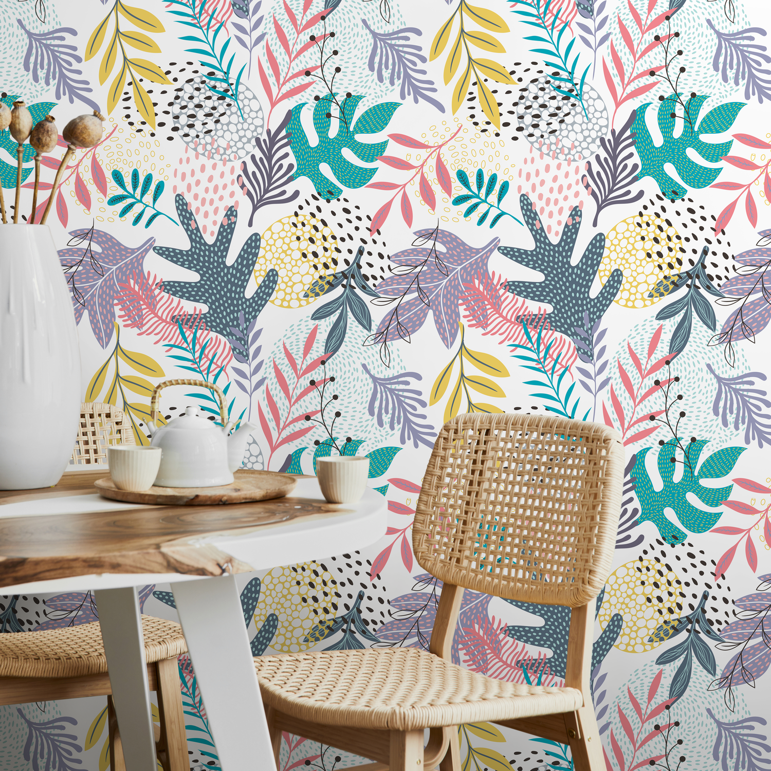 Botanical Wallpaper with Abstract Leaves in Teal, Pink, and Yellow - B004