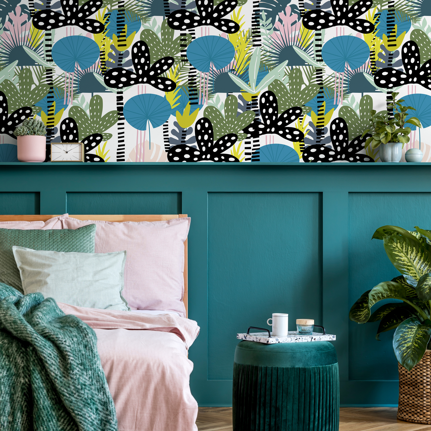 Modern Botanical Wallpaper with Abstract Leaves in Black, Blue, and Green - B014