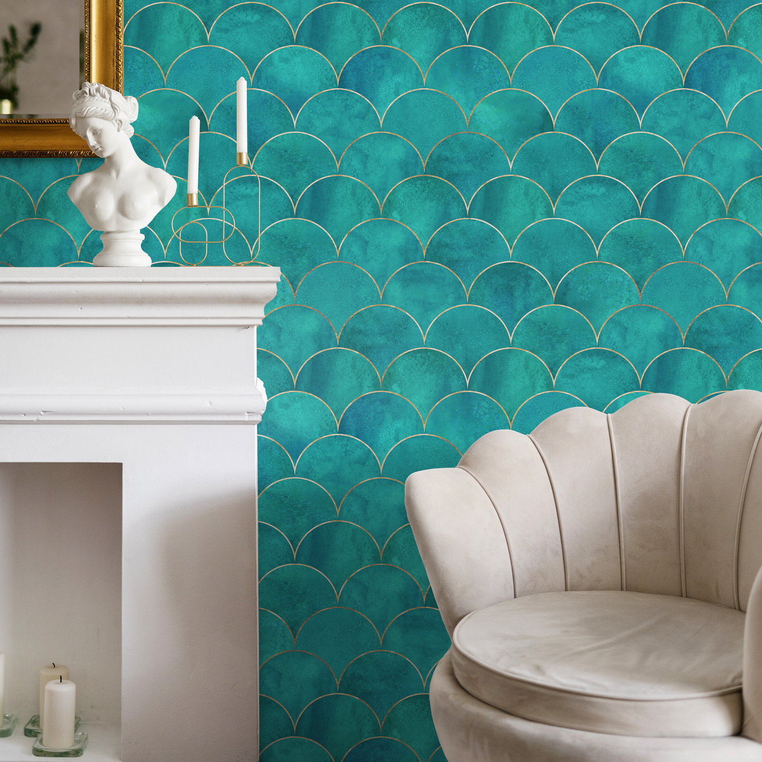 Art Deco Wallpaper with a Scallop Motif in Teal, Blue, and Gold - B015
