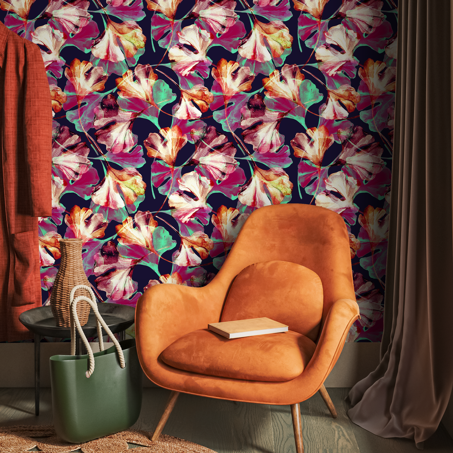 Botanical Wallpaper with a Painterly Ginkgo Leaf Motif in Magenta, Teal, and Navy - B017