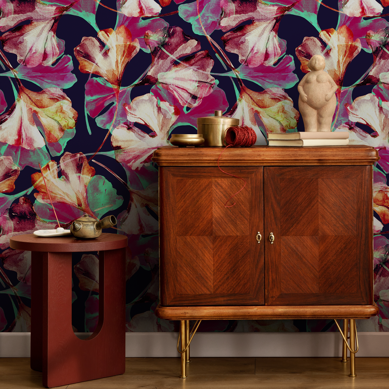 Botanical Wallpaper with a Painterly Ginkgo Leaf Motif in Magenta, Teal, and Navy - B017