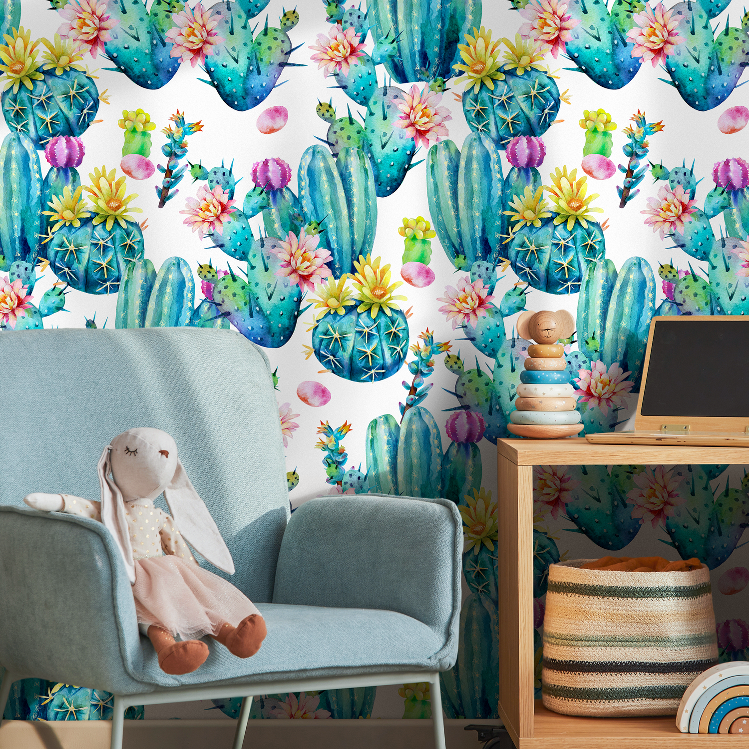 Cactus Wallpaper with a Watercolor Motif in Teal, Pink, and Yellow - B023