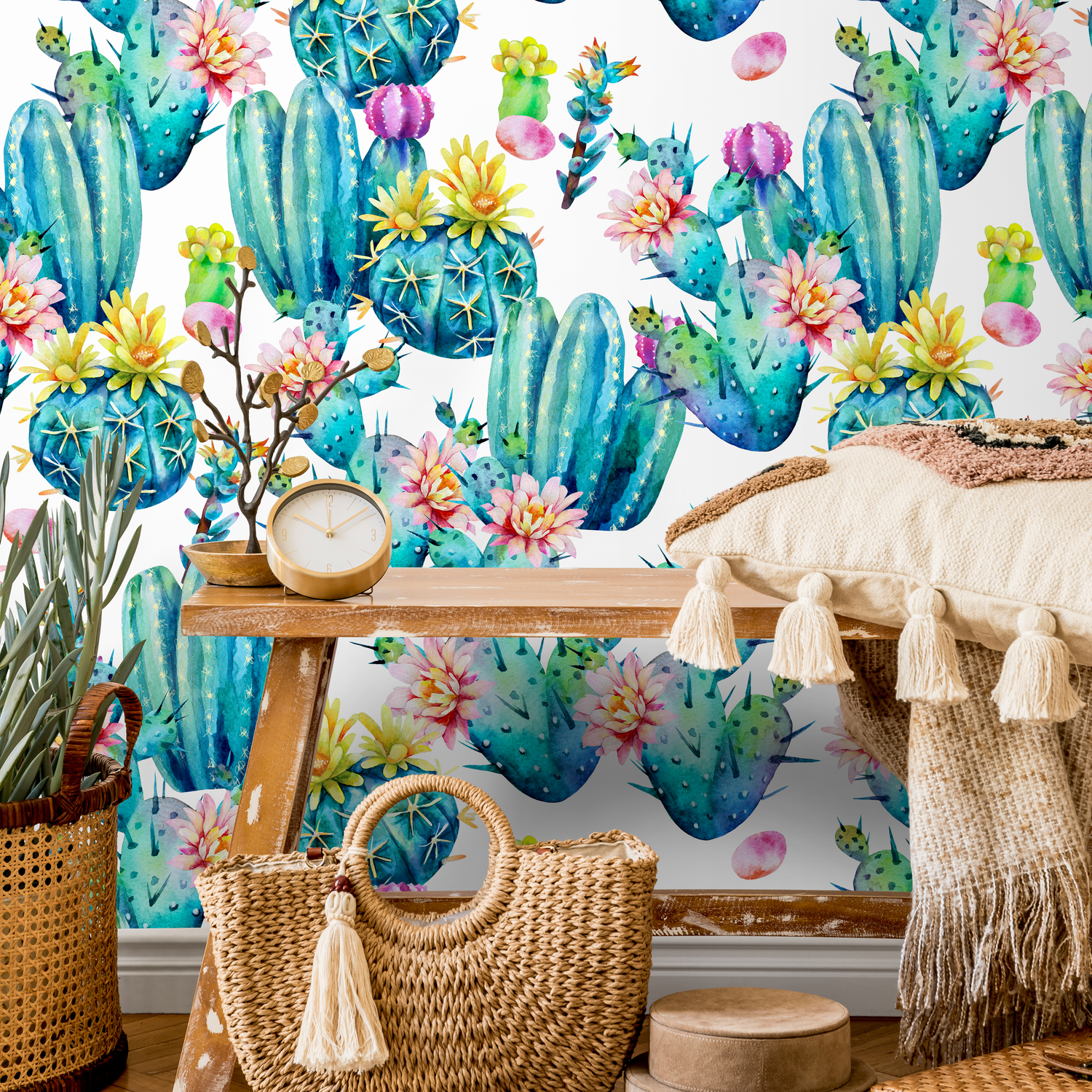 Cactus Wallpaper with a Watercolor Motif in Teal, Pink, and Yellow - B023