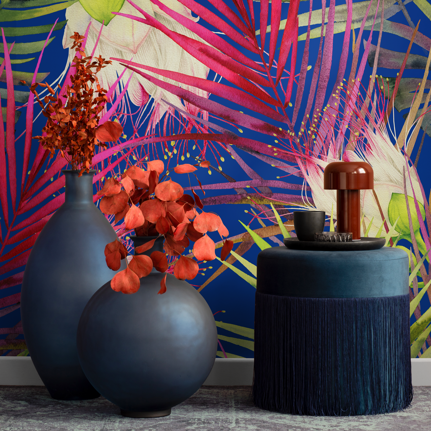 Botanical Wallpaper with Pop Art Flowers in Blue, Pink, and Green - B049