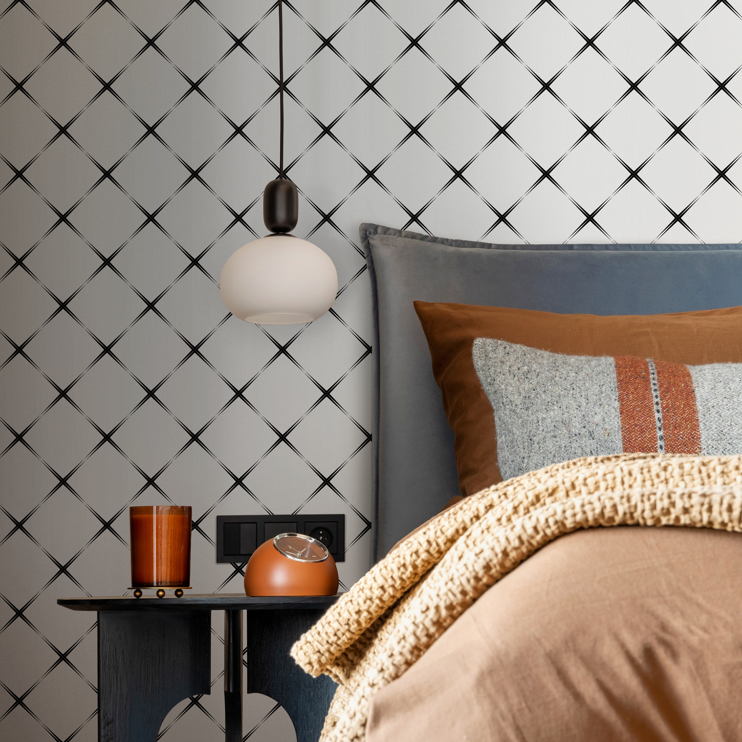 Geometric Wallpaper with a Star Cross Grid in Black and White - B050