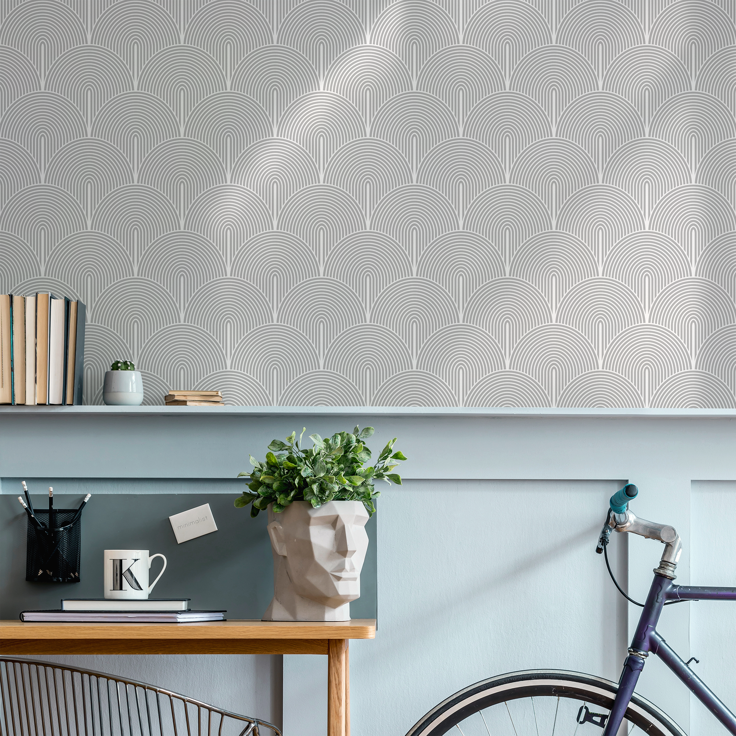 Art Deco Wallpaper with a Scalloped Arch Motif in Gray and Off-White - B063