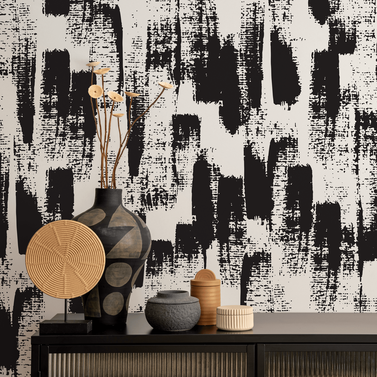 Abstract Wallpaper with Bold Brush Strokes in Black and Cream - B086
