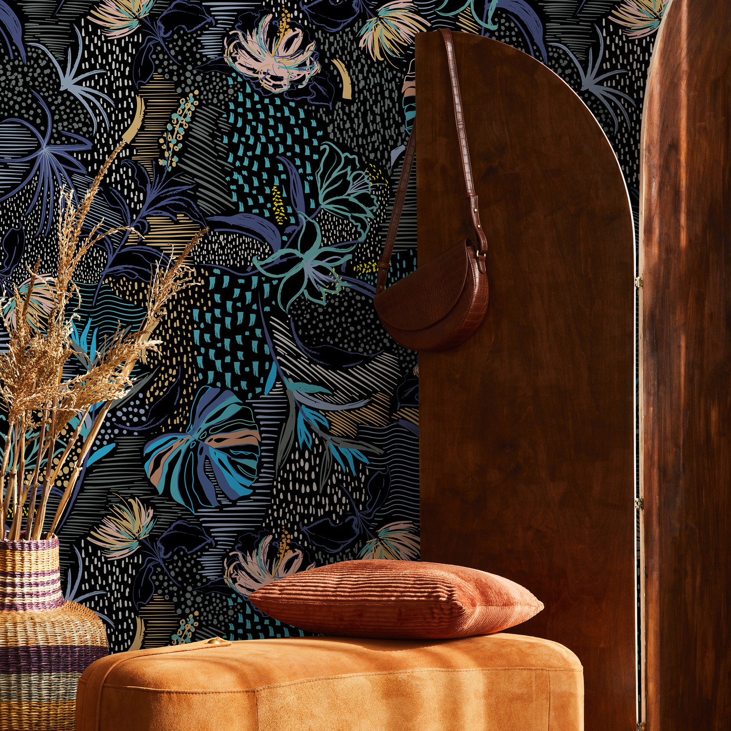 Abstract Wallpaper with Stylized Tropical Florals in Blue, Gold, and Pink - B096