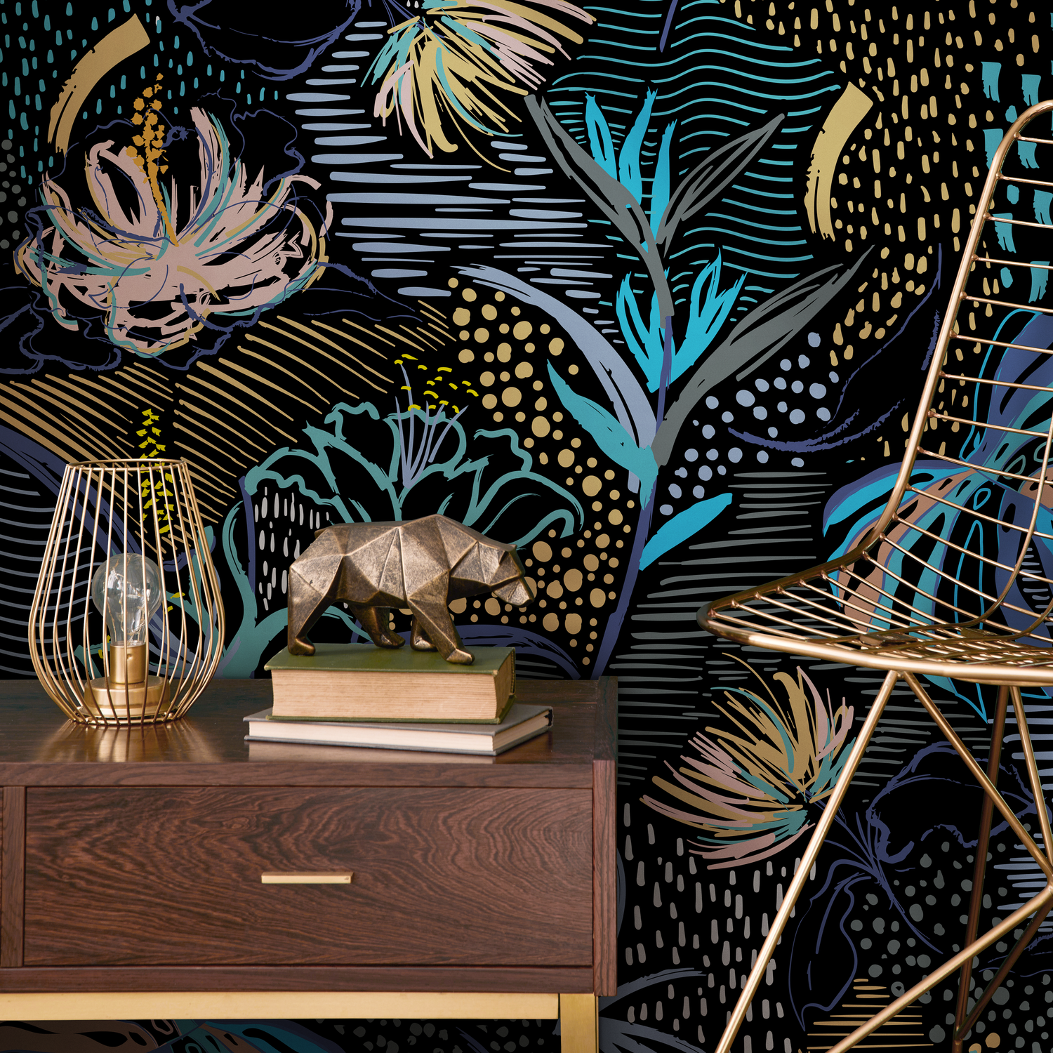 Abstract Wallpaper with Stylized Tropical Florals in Blue, Gold, and Pink - B096
