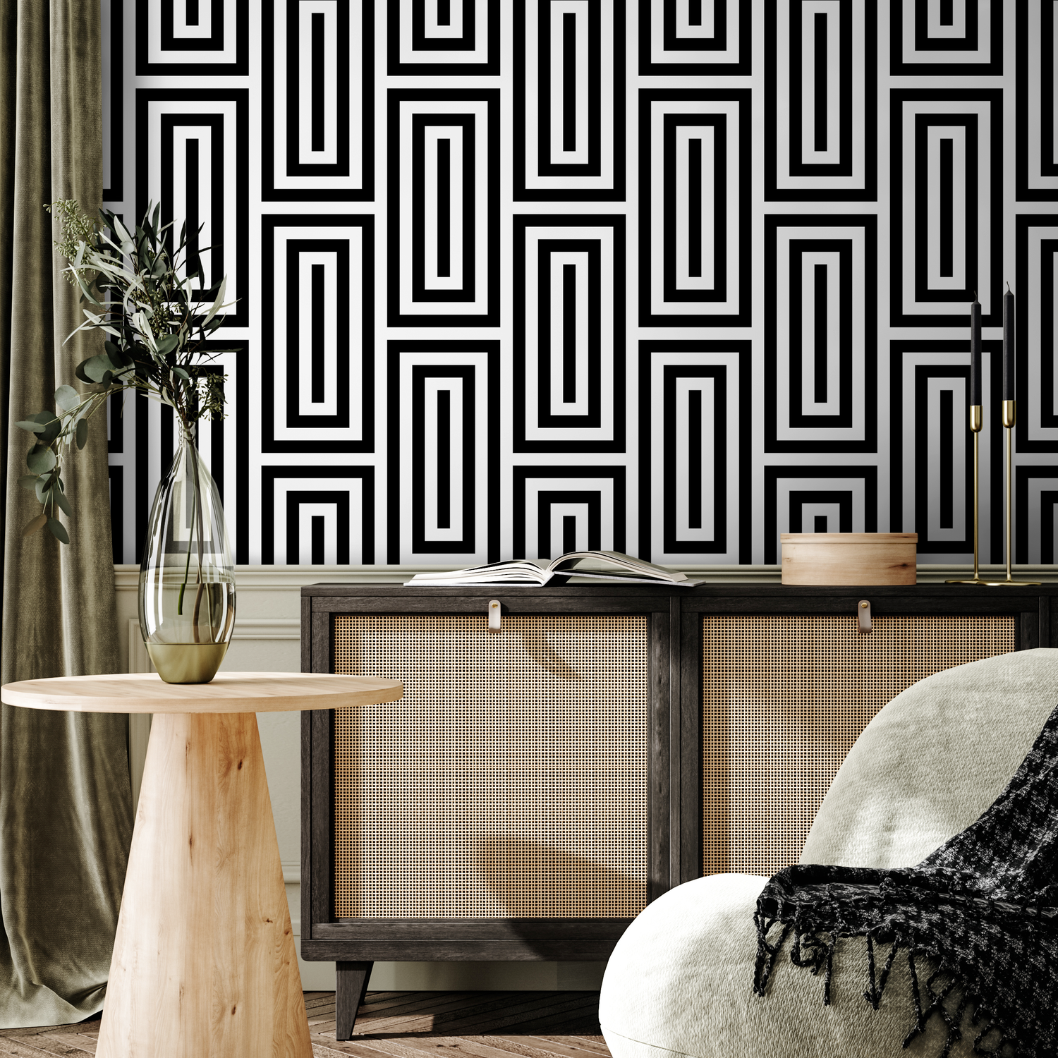 Papier peint moderne noir et blanc, motif géométrique autocollant et traditionnel - B098