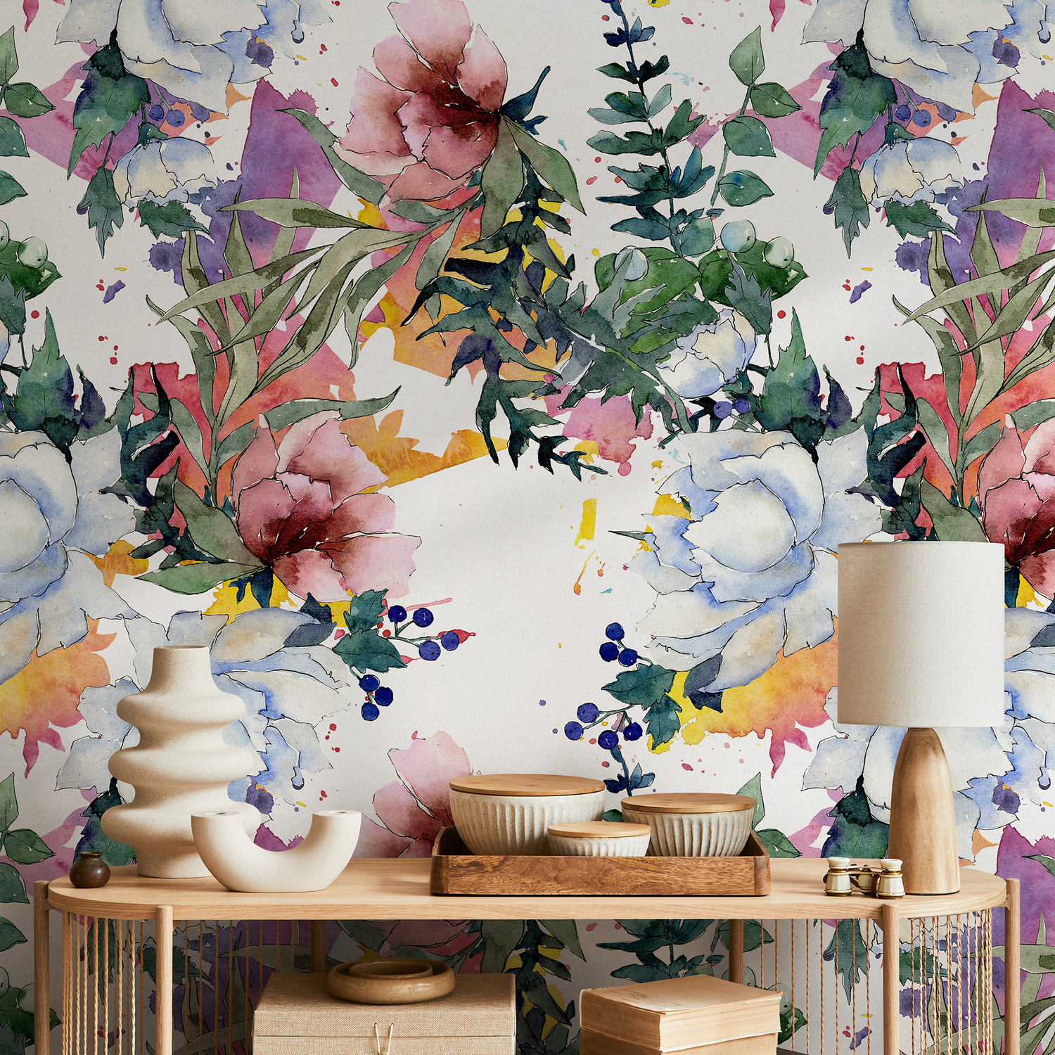 Floral Wallpaper with a Watercolor Peony Bouquet in Pink, Blue, and Green - B110