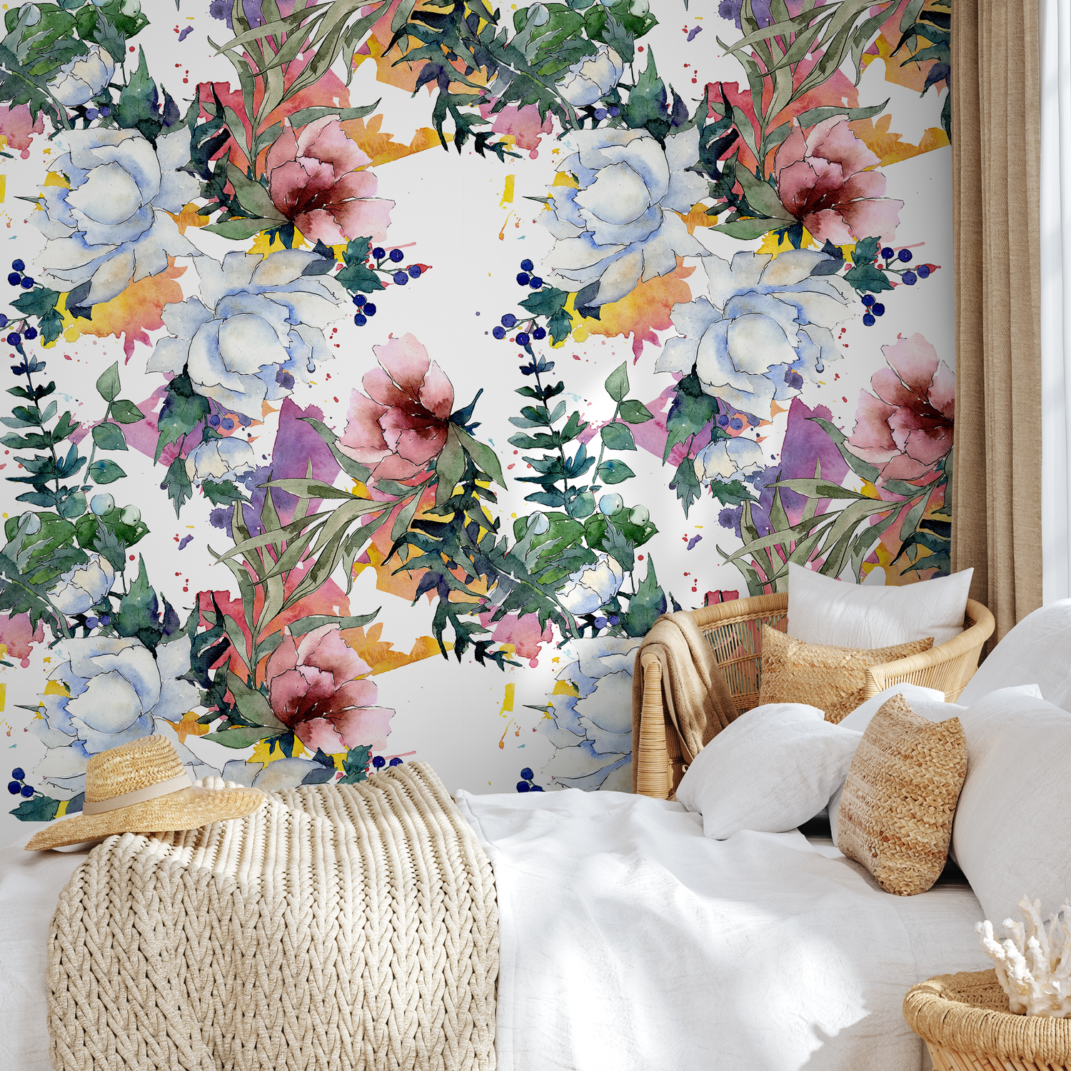 Floral Wallpaper with a Watercolor Peony Bouquet in Pink, Blue, and Green - B110