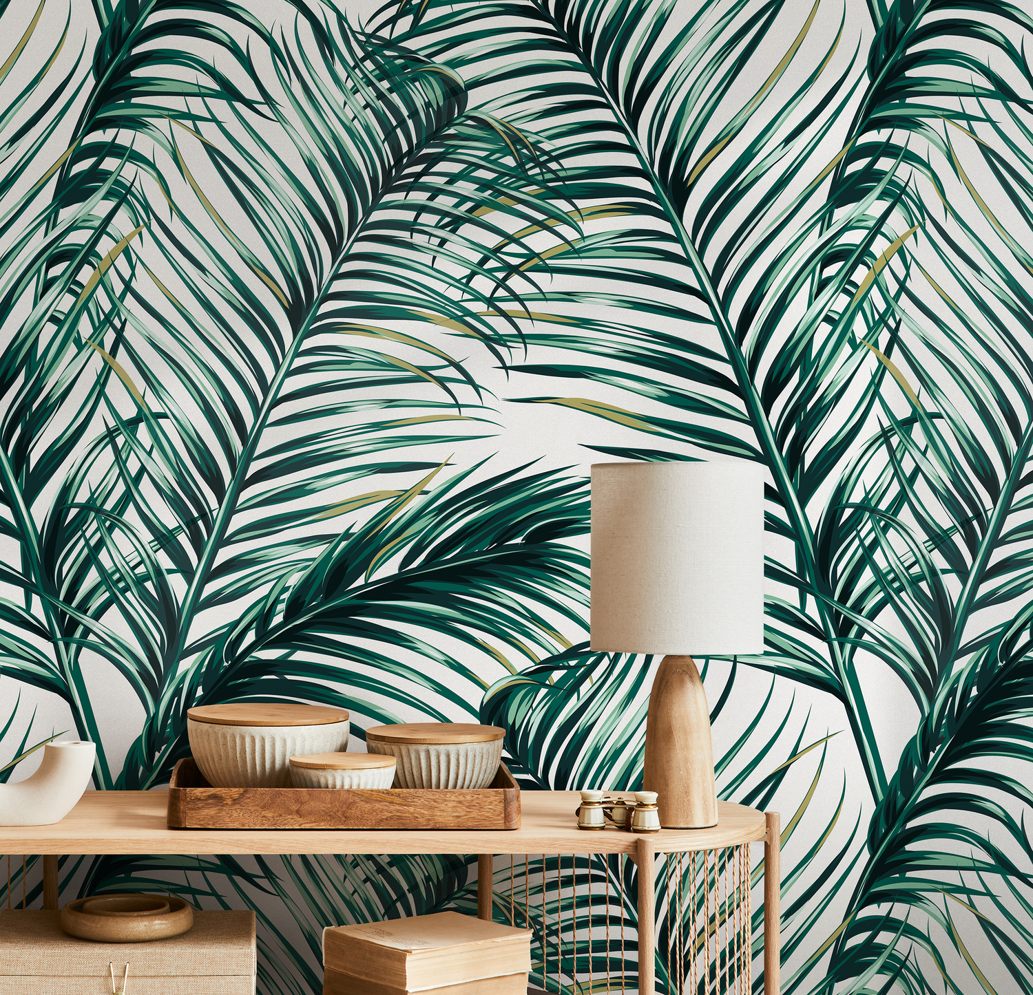 Tropical Wallpaper with Overlapping Palm Leaves in Green and Khaki - B121