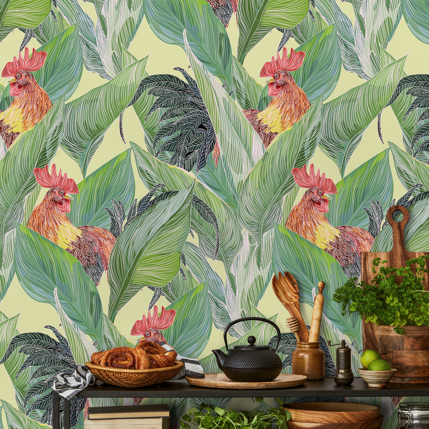 Animal Wallpaper Featuring Jungle Roosters in Green, Red, and Yellow - B128