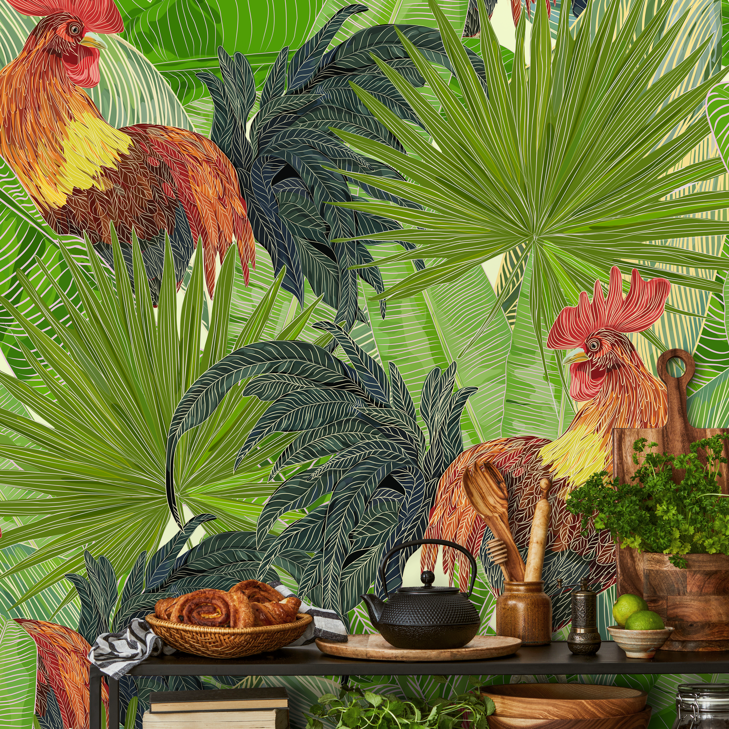 Tropical Wallpaper with Roosters and Palm Leaves in Green and Red - B129