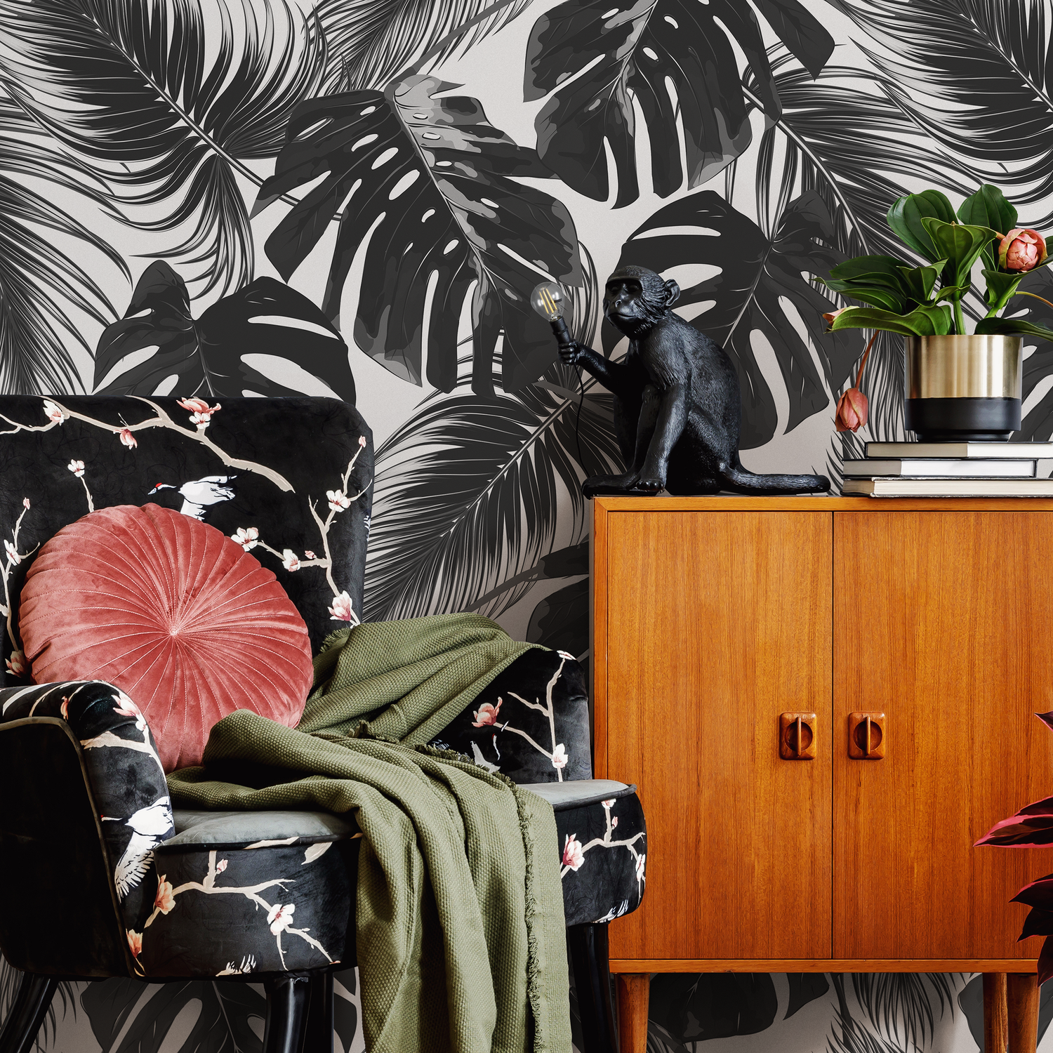 Botanical Wallpaper with Monstera and Palm Leaves in Black and Gray - B130