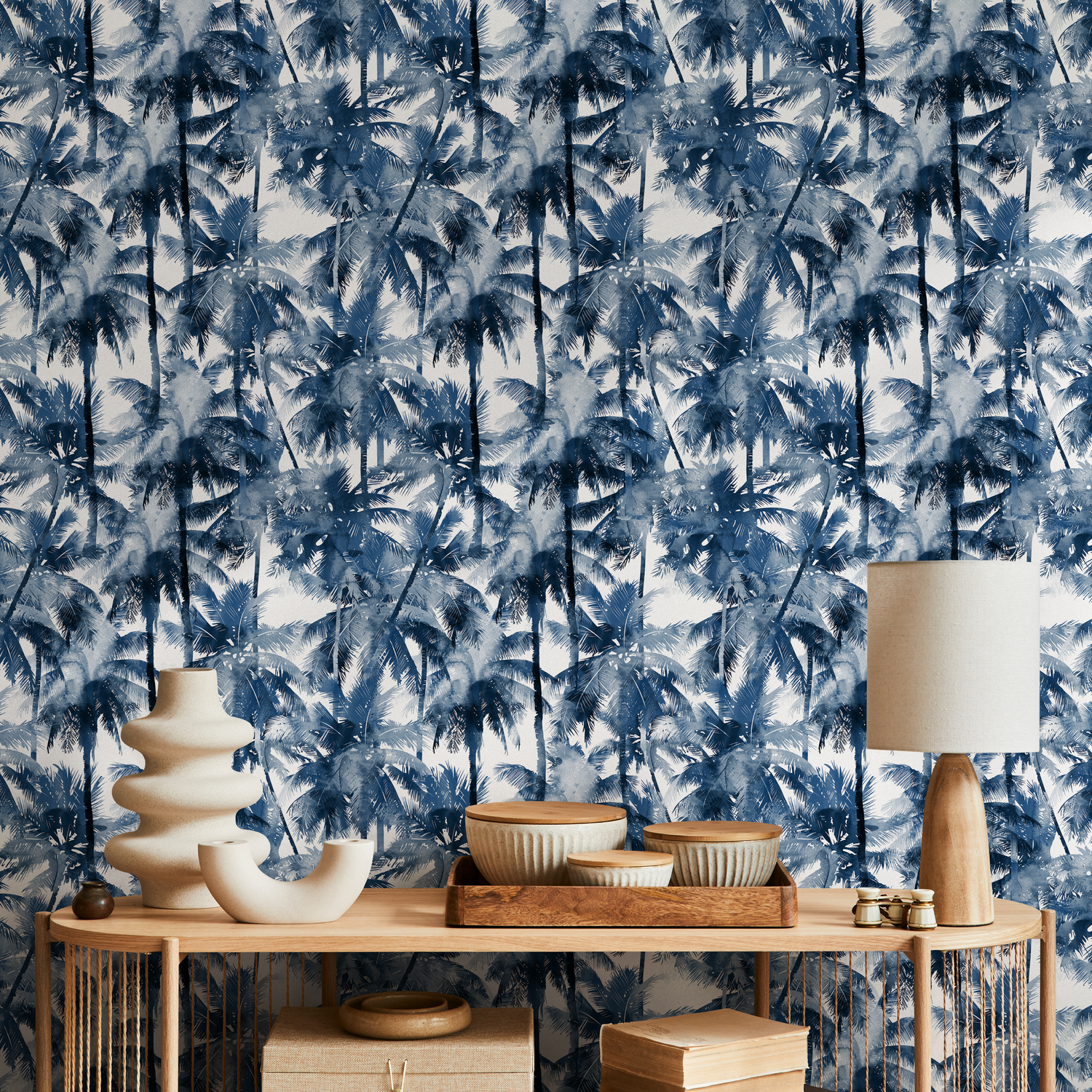 Botanical Wallpaper with a Watercolor Palm Tree Forest in Navy Blue - B133