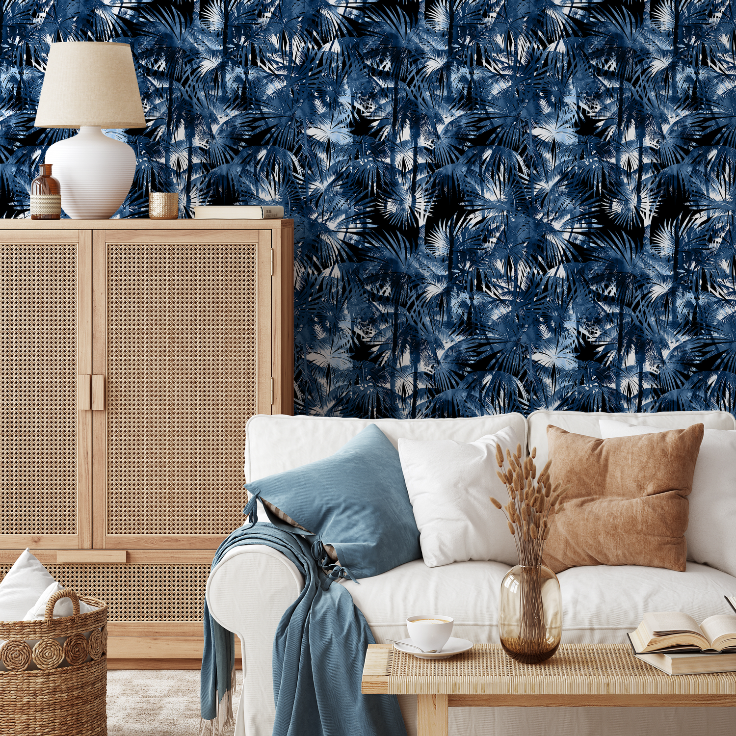 Tropical Wallpaper with Layered Palm Fronds in Navy Blue and Black - B136
