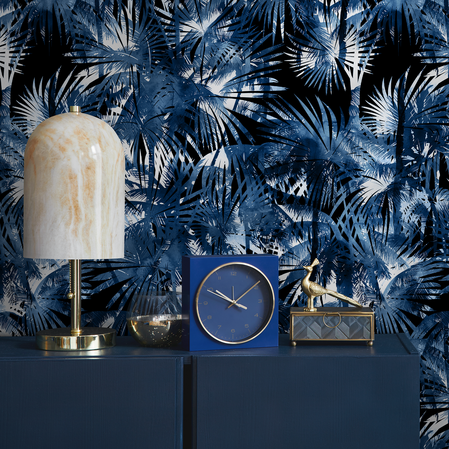 Tropical Wallpaper with Layered Palm Fronds in Navy Blue and Black - B136