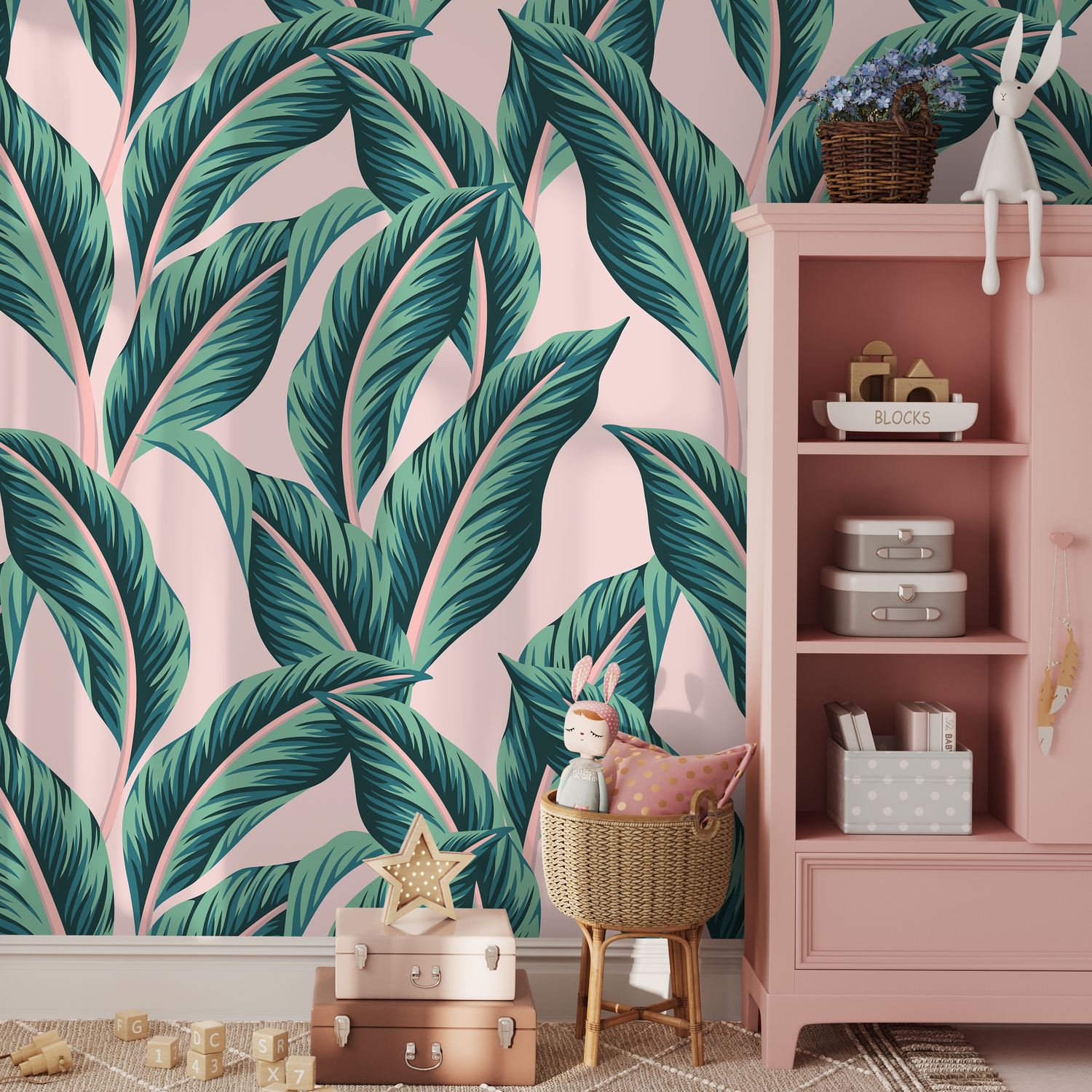 Botanical Wallpaper Featuring Oversized Tropical Leaves in Pink and Green - B140