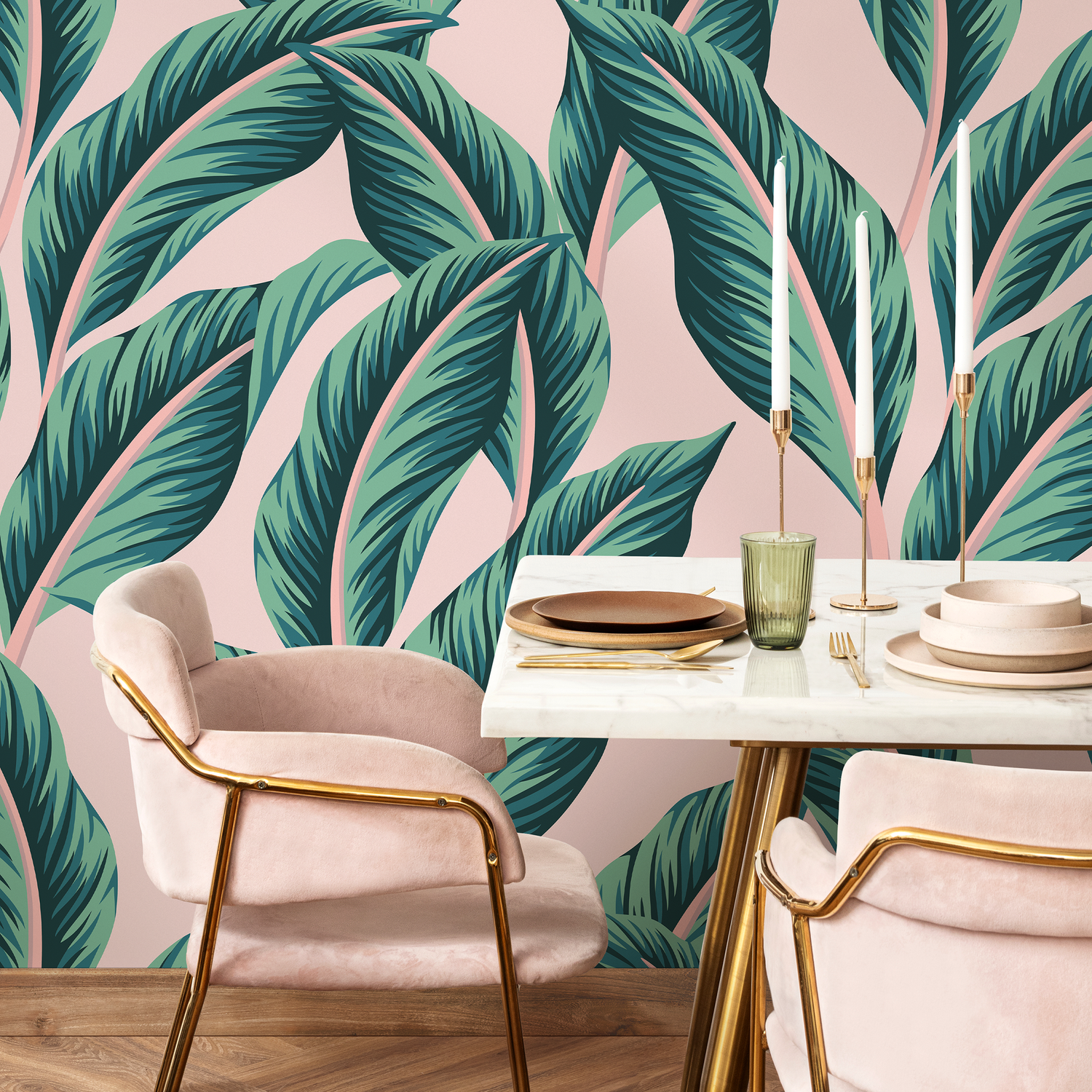 Botanical Wallpaper Featuring Oversized Tropical Leaves in Pink and Green - B140