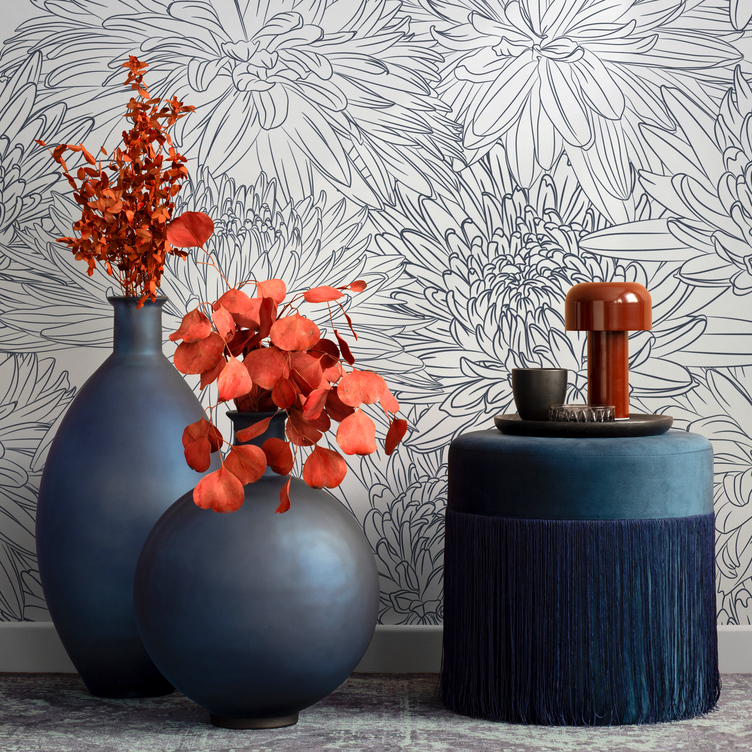 Floral Wallpaper with Hand-Drawn Chrysanthemums in Blue - B150