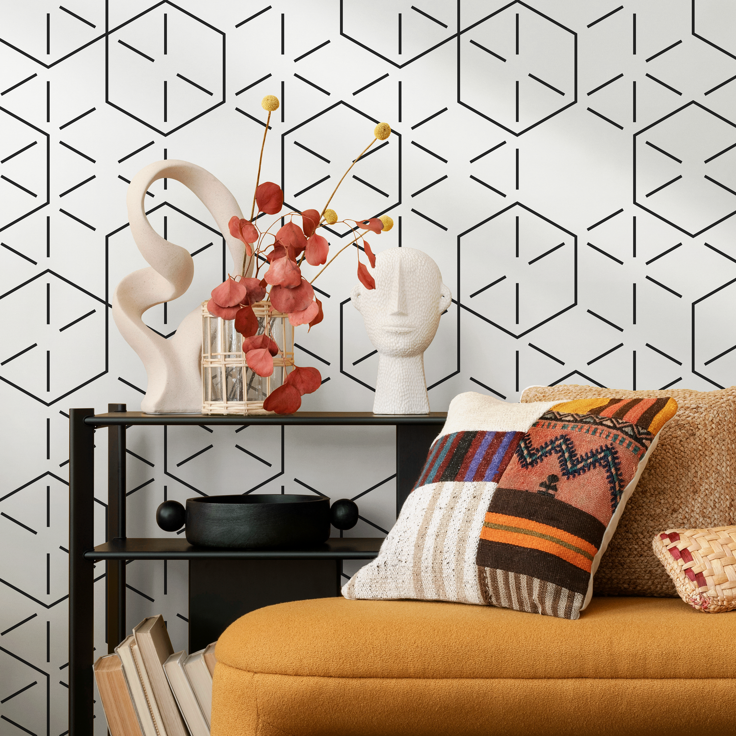 Geometric Wallpaper with a Hexagonal Line Pattern in Black - B153