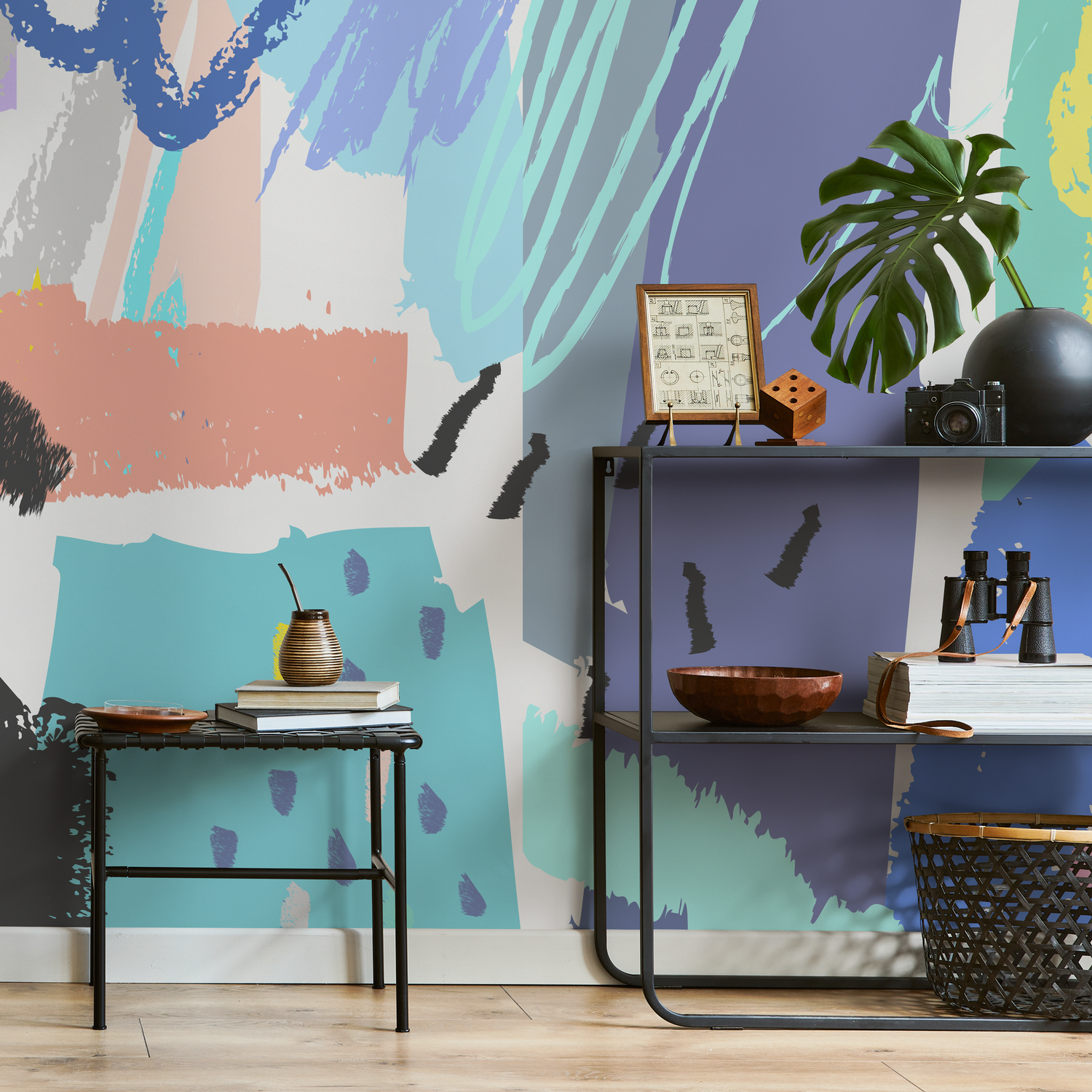 Abstract Wallpaper with Bold Brush Strokes in Blue, Pink, and Teal - B166