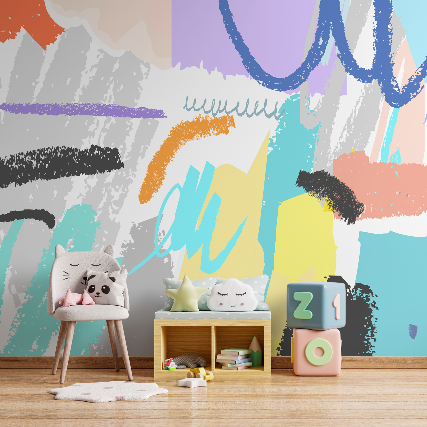 Abstract Wallpaper with Bold Brush Strokes in Blue, Pink, and Teal - B166
