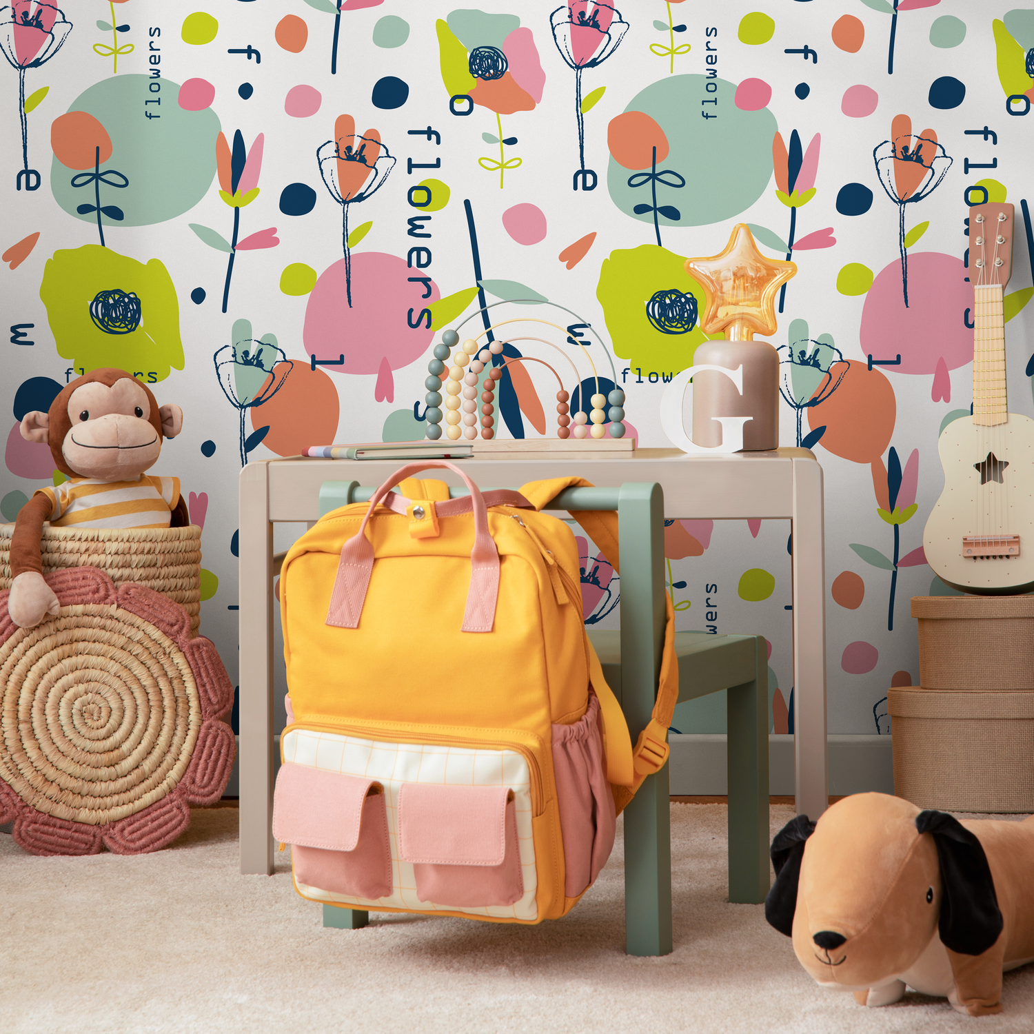 Scandinavian Wallpaper with Abstract Flowers in Pink, Blue, and Green - B170