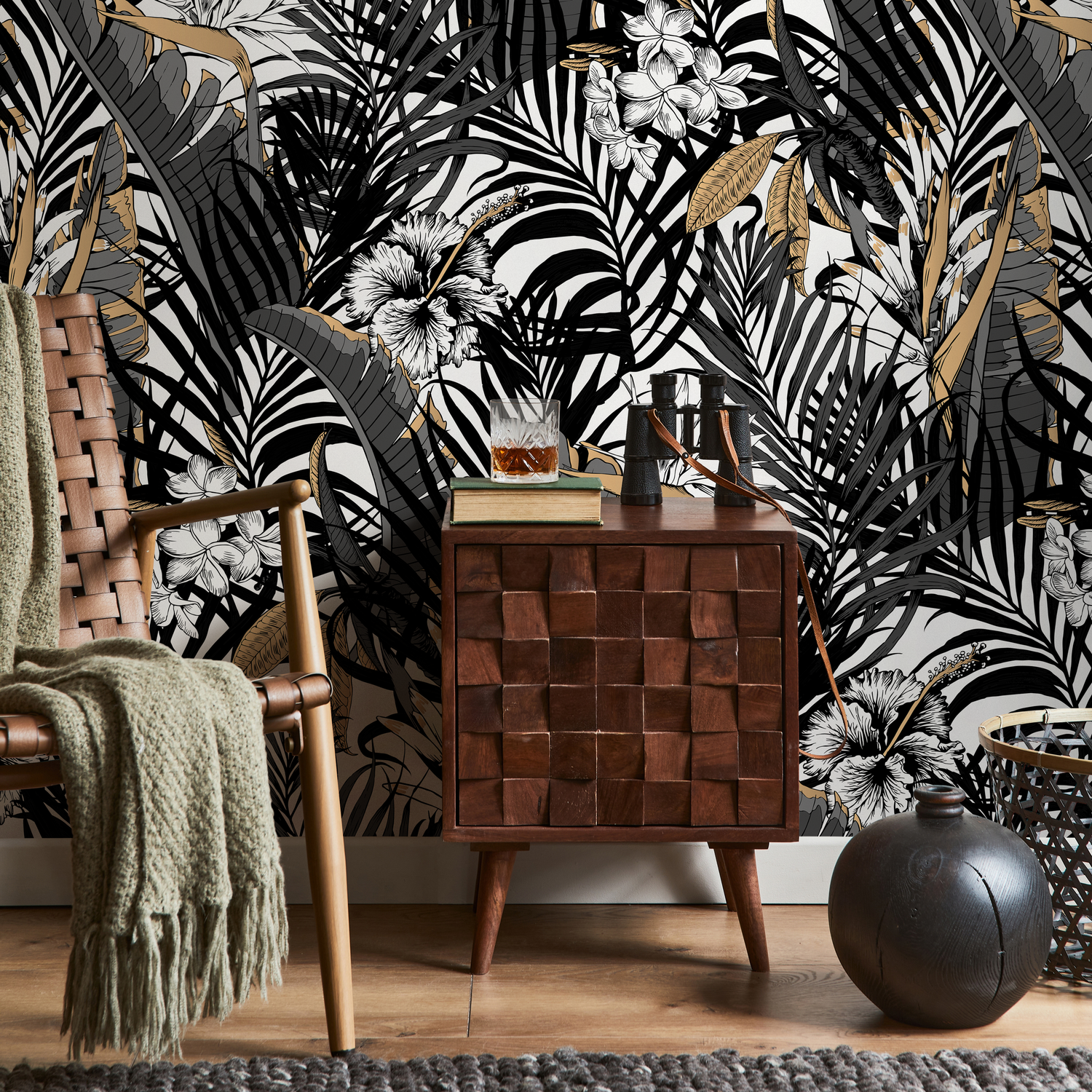 Tropical Wallpaper with Jungle Leaves and Hibiscus in Black, Grey, and Gold - B179