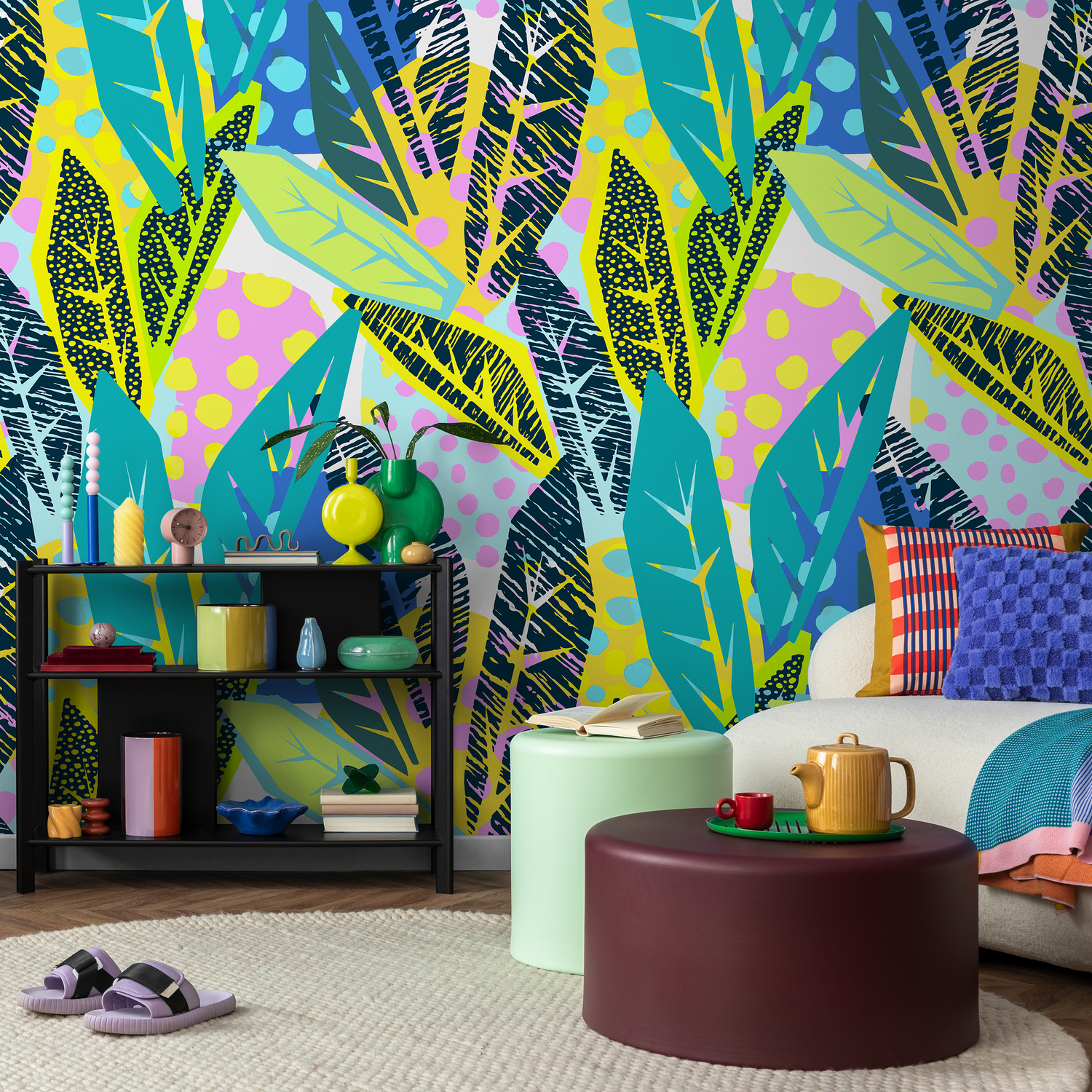 Abstract Botanical Wallpaper with a Colorful Leaf Collage in Yellow, Blue, and Pink - B181