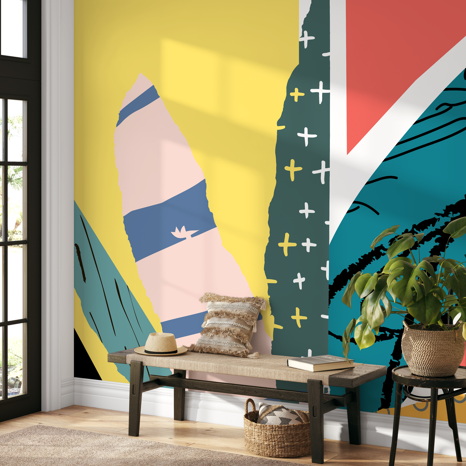 Abstract Wallpaper with a Modern Collage Motif in Red, Blue, and Yellow - B182