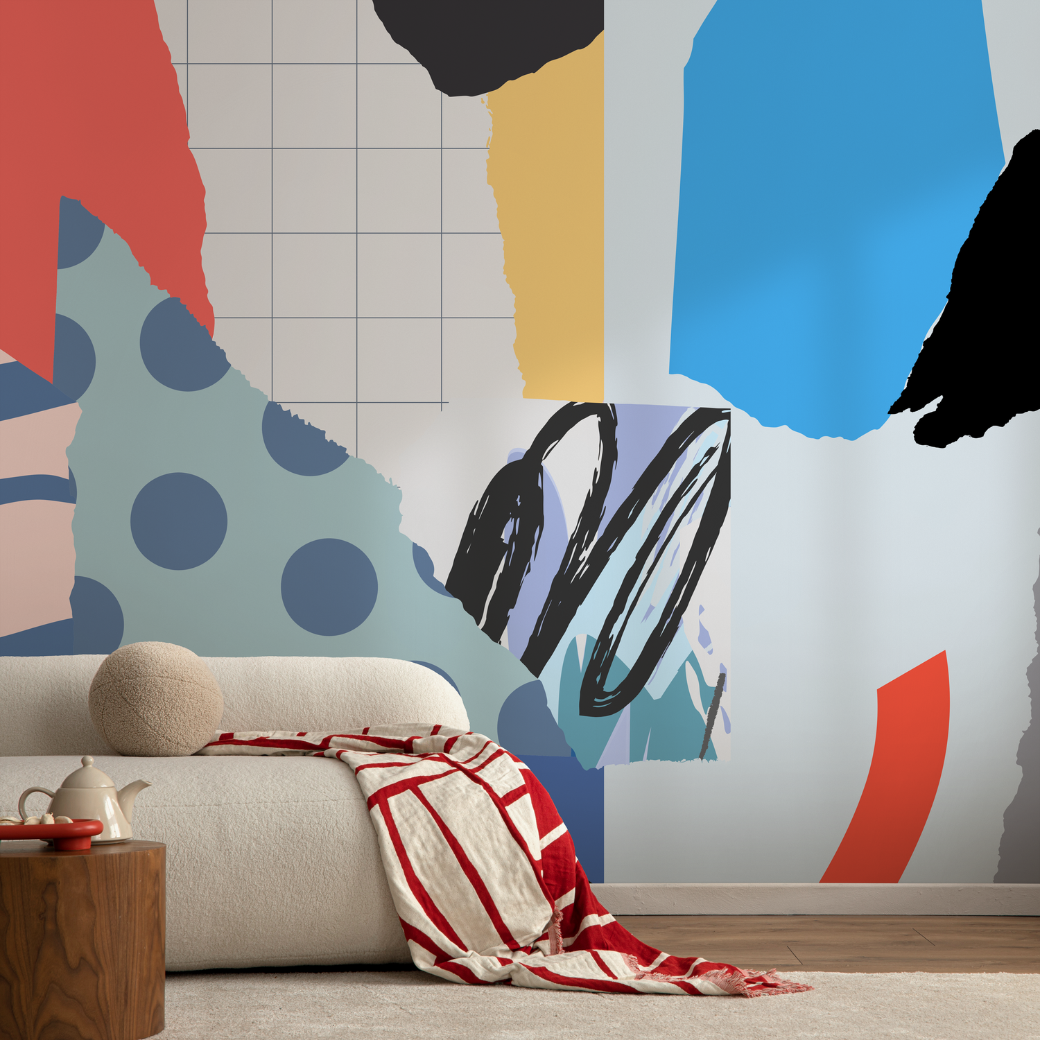 Abstract Wallpaper with a Modern Collage Motif in Red, Blue, and Yellow - B182