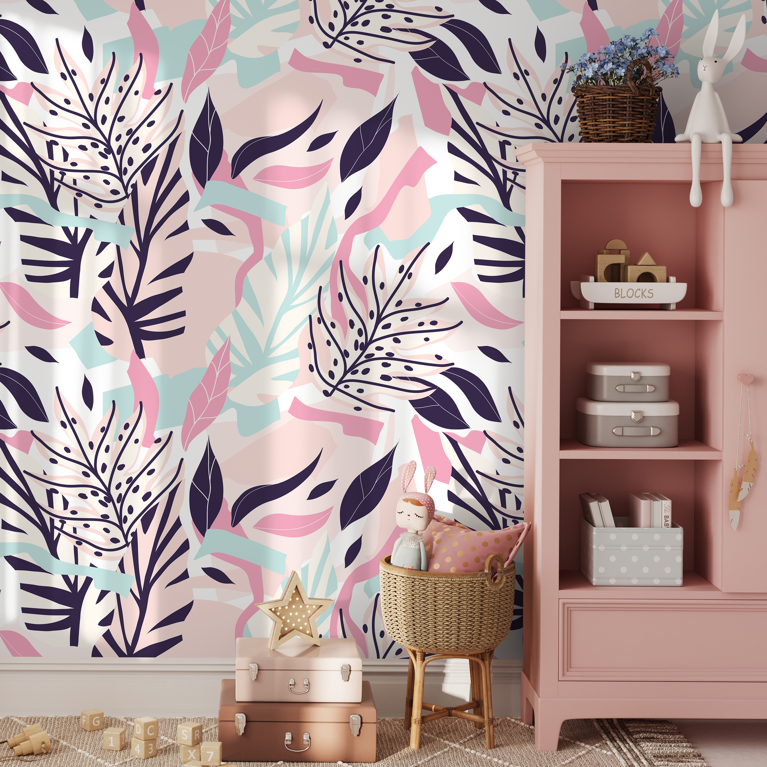 Botanical Wallpaper with Stylized Leaves in Pink, Blue, and Purple - B188