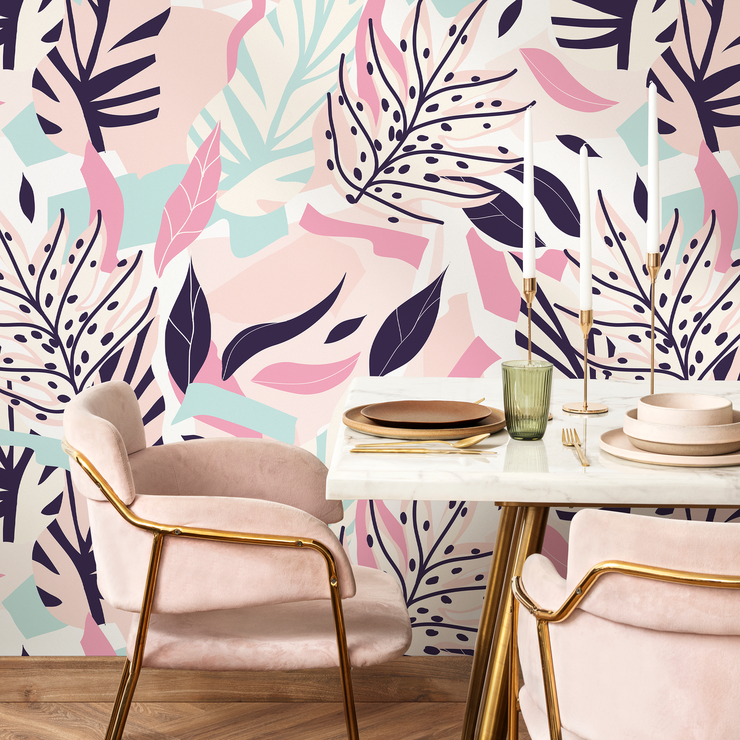 Botanical Wallpaper with Stylized Leaves in Pink, Blue, and Purple - B188