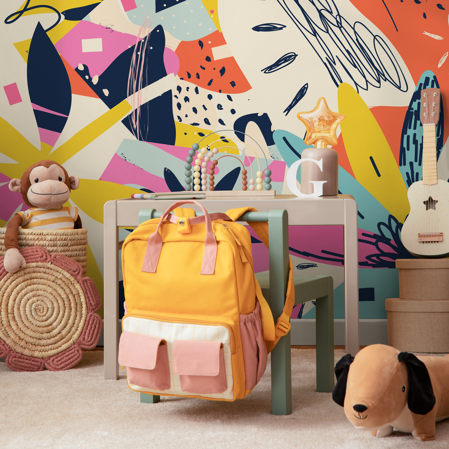 Abstract Wallpaper with a Colorful Collage of Shapes in Pink and Yellow - B195