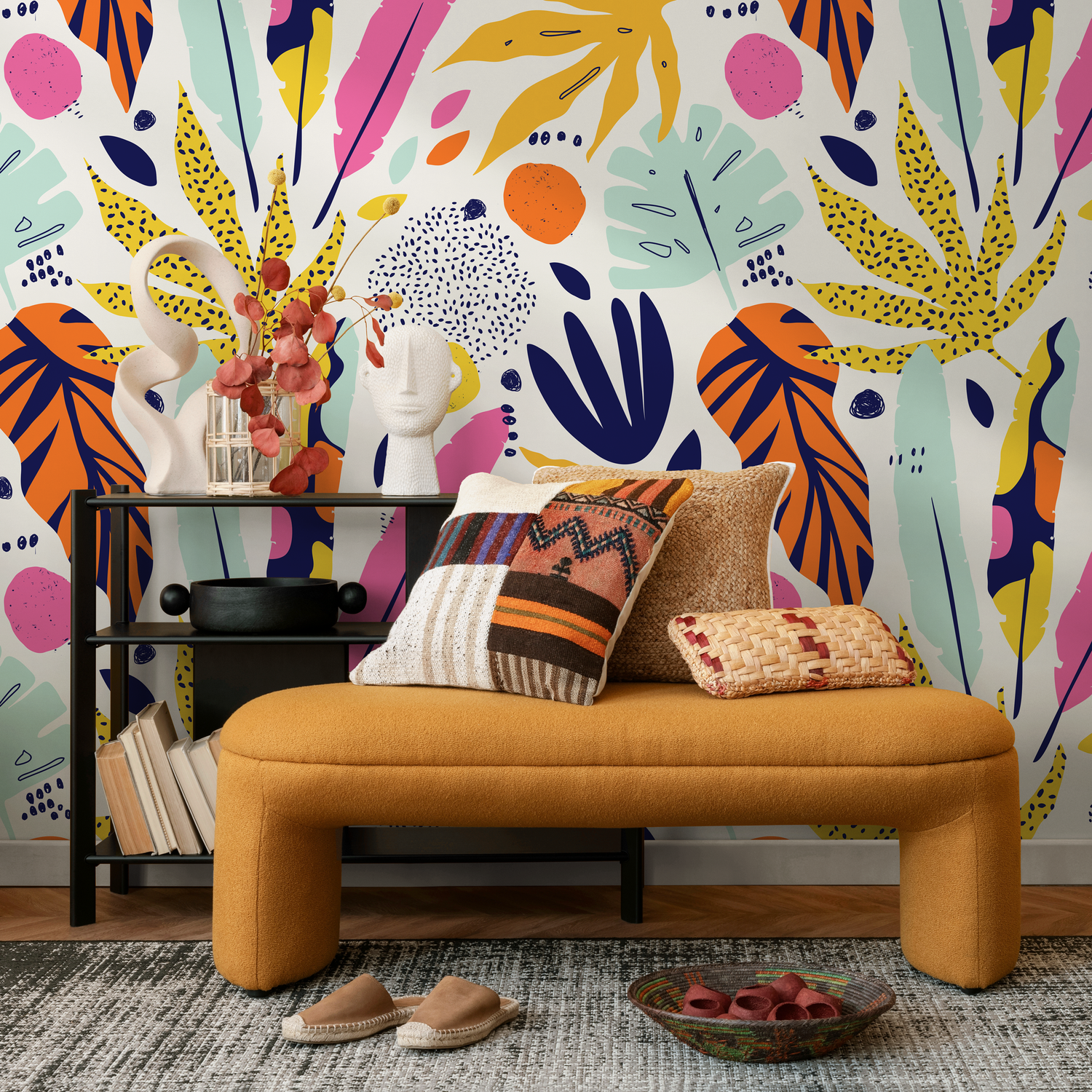 Abstract Wallpaper with a Tropical Leaf Collage in Yellow, Pink, and Blue - B196