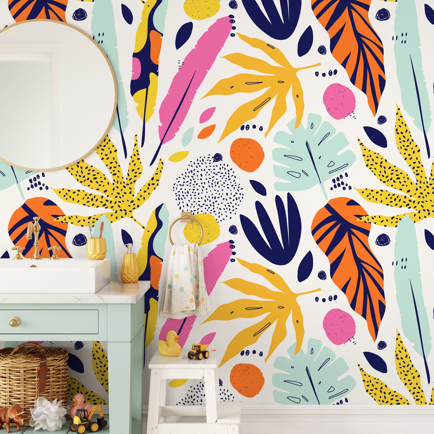 Abstract Wallpaper with a Tropical Leaf Collage in Yellow, Pink, and Blue - B196