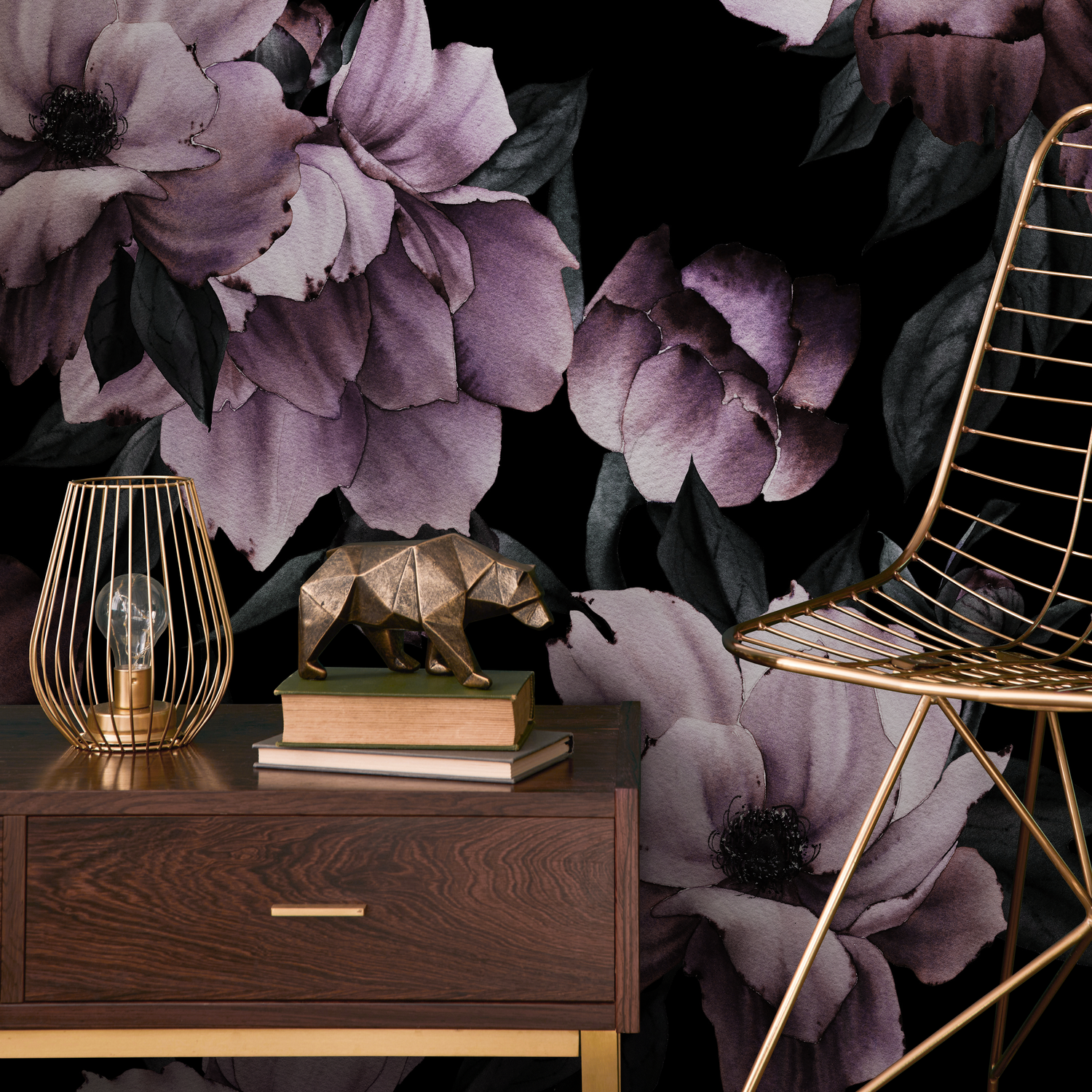 Floral Wallpaper with Large Moody Peonies in Purple and Black - B197
