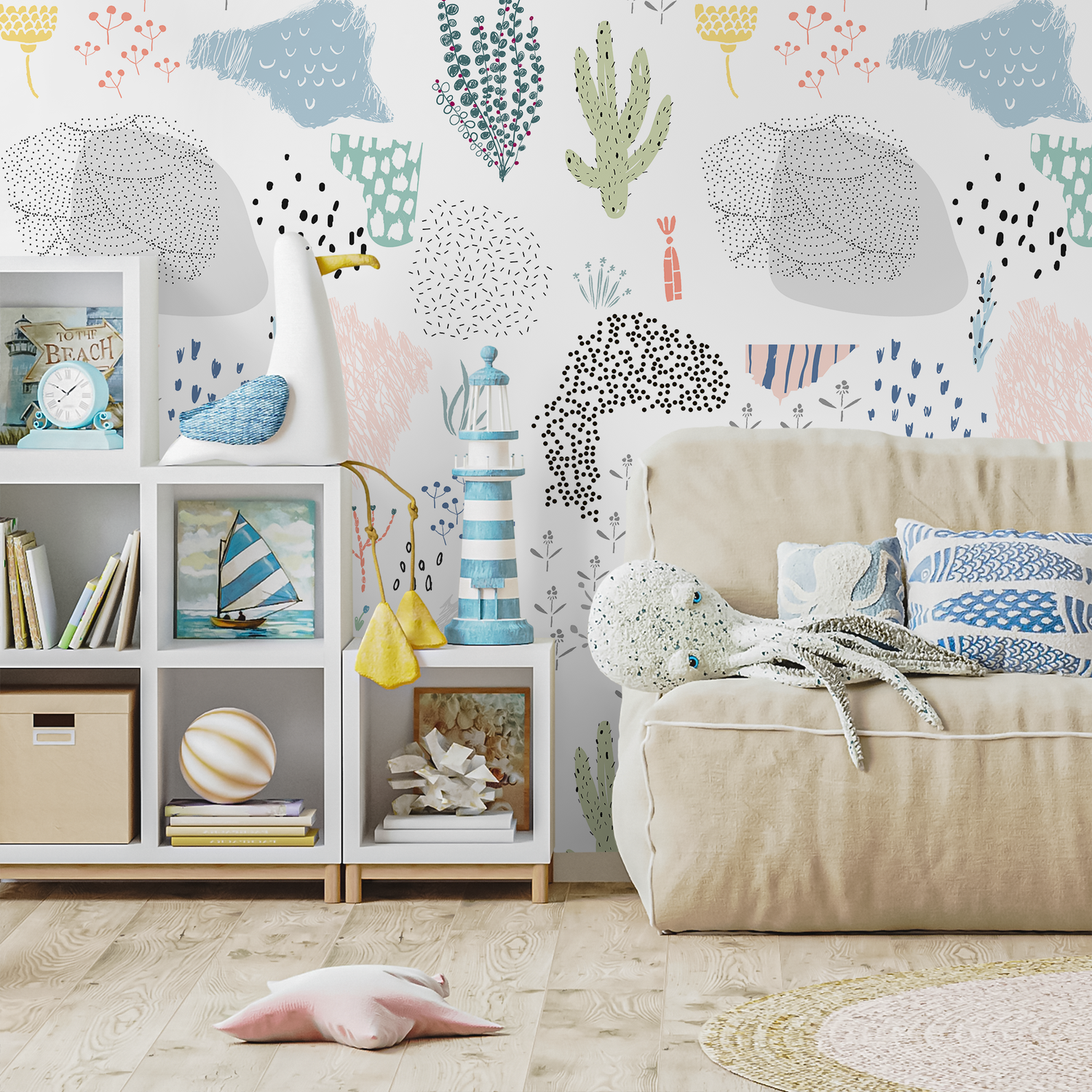 Abstract Wallpaper with Whimsical Cacti and Plants in Blue, Pink, and Green - B203