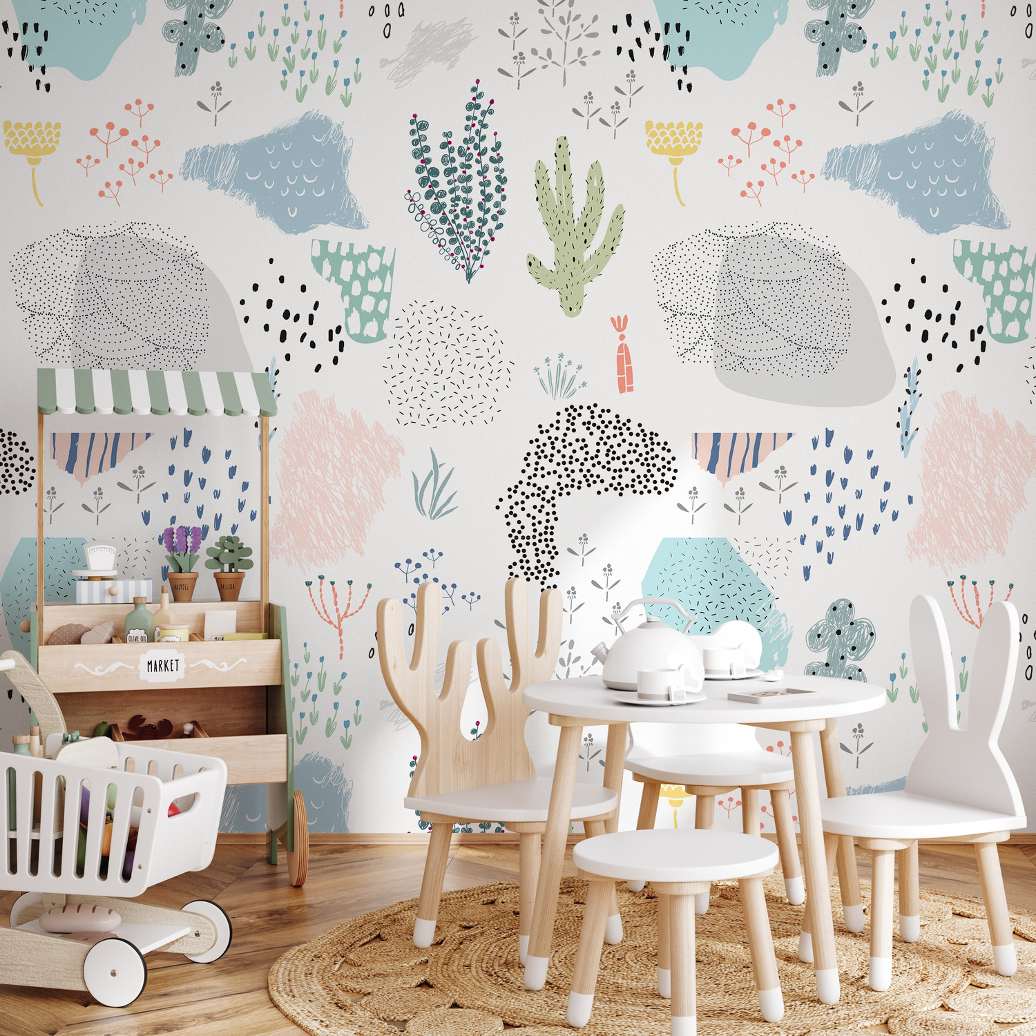 Abstract Wallpaper with Whimsical Cacti and Plants in Blue, Pink, and Green - B203