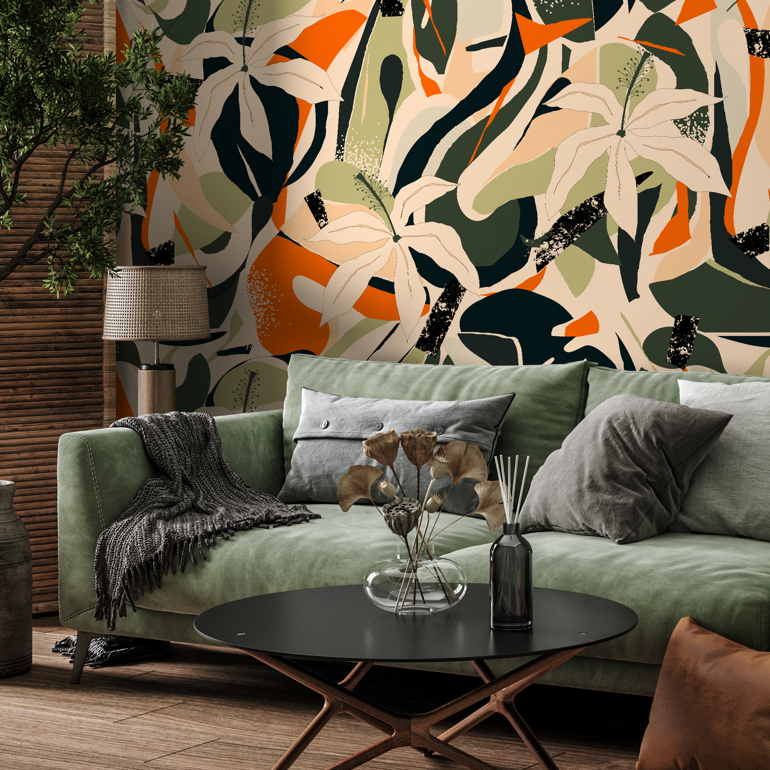 Tropical Wallpaper with an Abstract Floral Collage in Green, Orange, and Black - B205