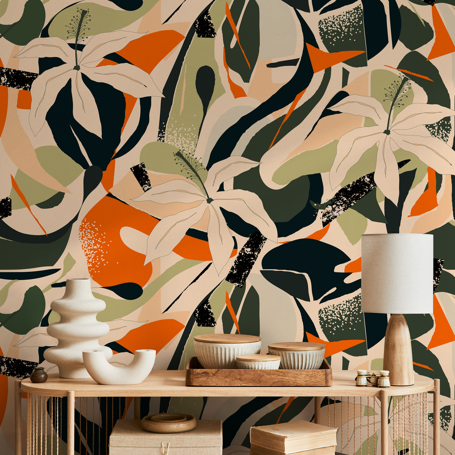 Tropical Wallpaper with an Abstract Floral Collage in Green, Orange, and Black - B205
