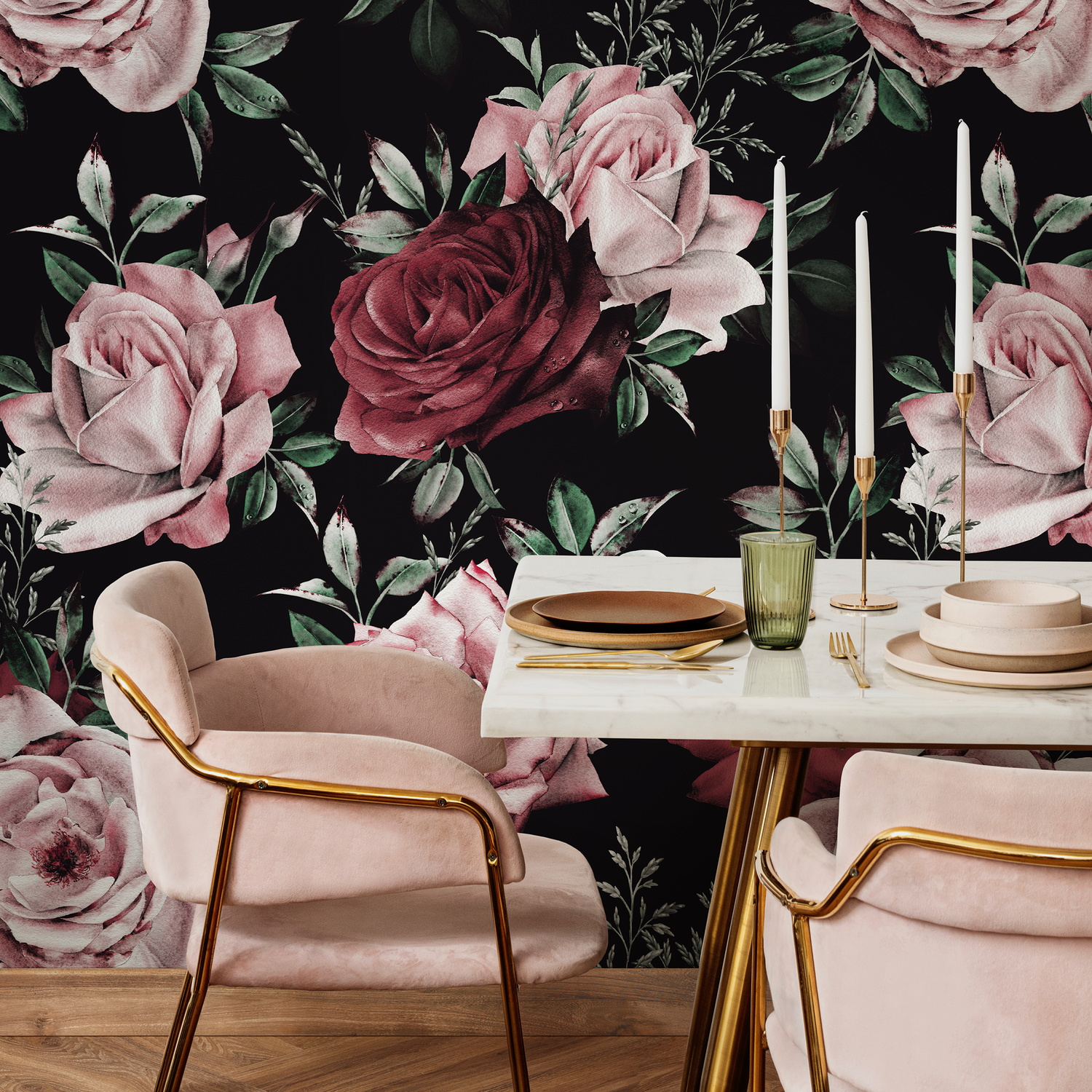 Floral Wallpaper Featuring Lush Romantic Roses in Pink, Red, and Black - B222